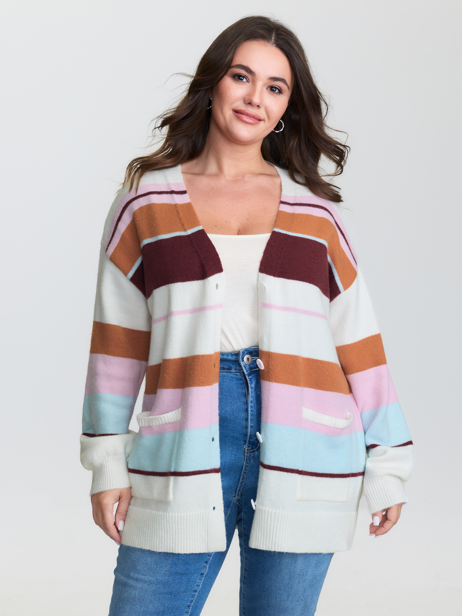 BloomChic Women's Plus Size Colorful Stripes Button Knit Cardigan Ivory Long Sleeve V-Neck 10/M