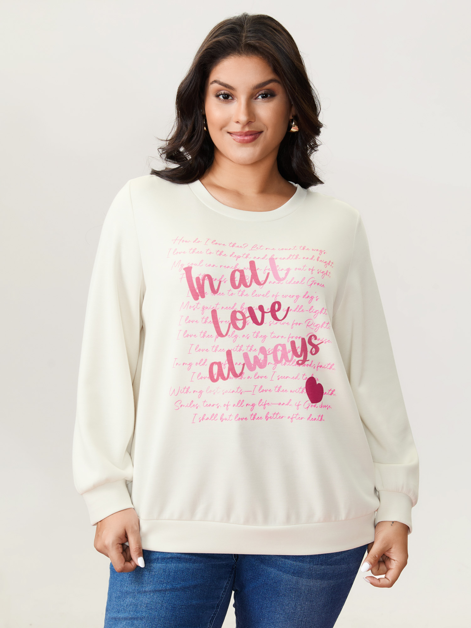 BloomChic Women's Plus Size Love Letter Pattern Sweatshirt WhiteSmoke not graphics Everyday-Casual Round Neck 10/M