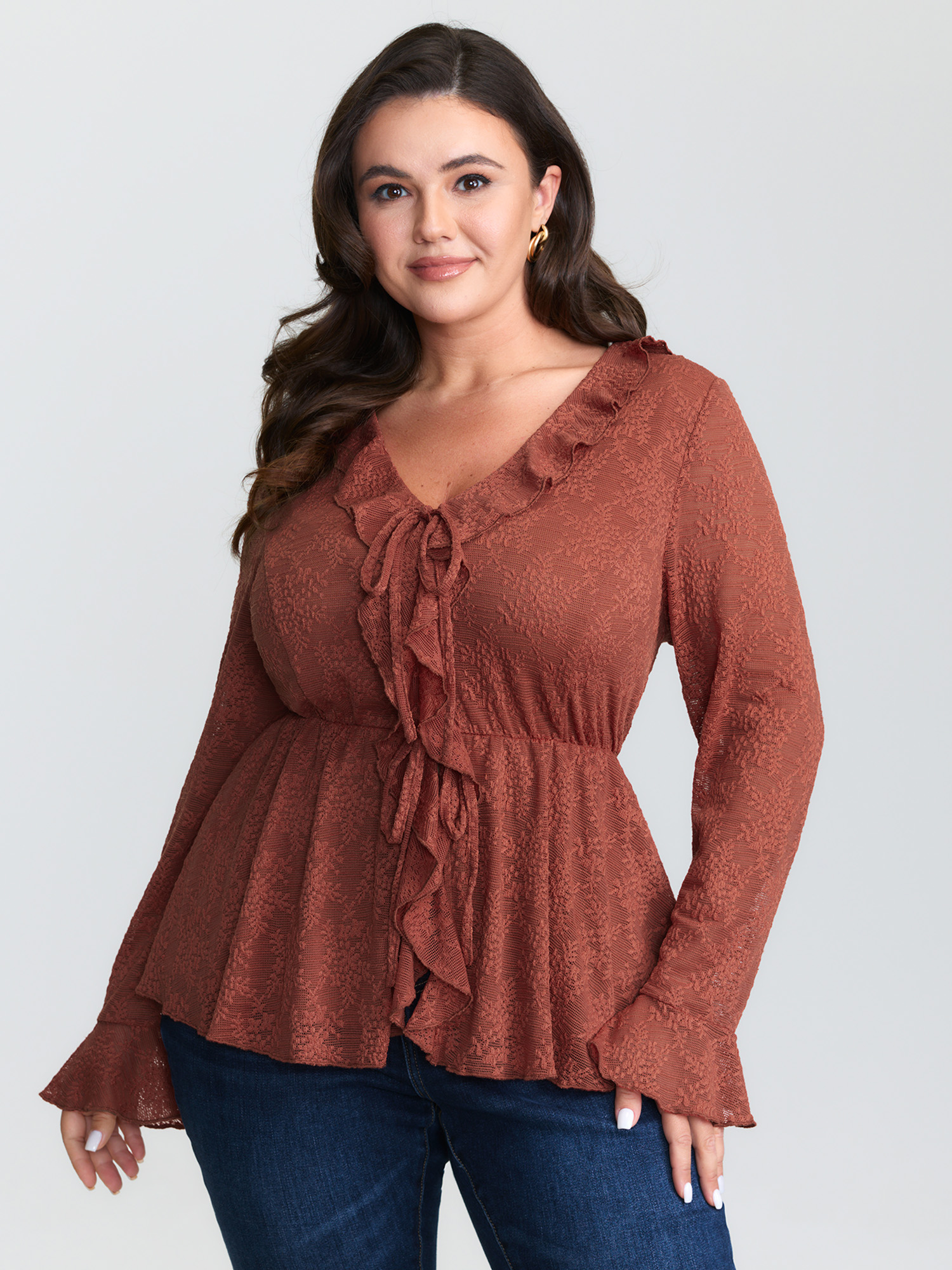 BloomChic Plus Size Ruffled Edge Lace Trim Tie Blouse - Women's Yellowishbrown Solid Ruffle Trim Neck Long Sleeve Elegant Blouses 18-20/1X