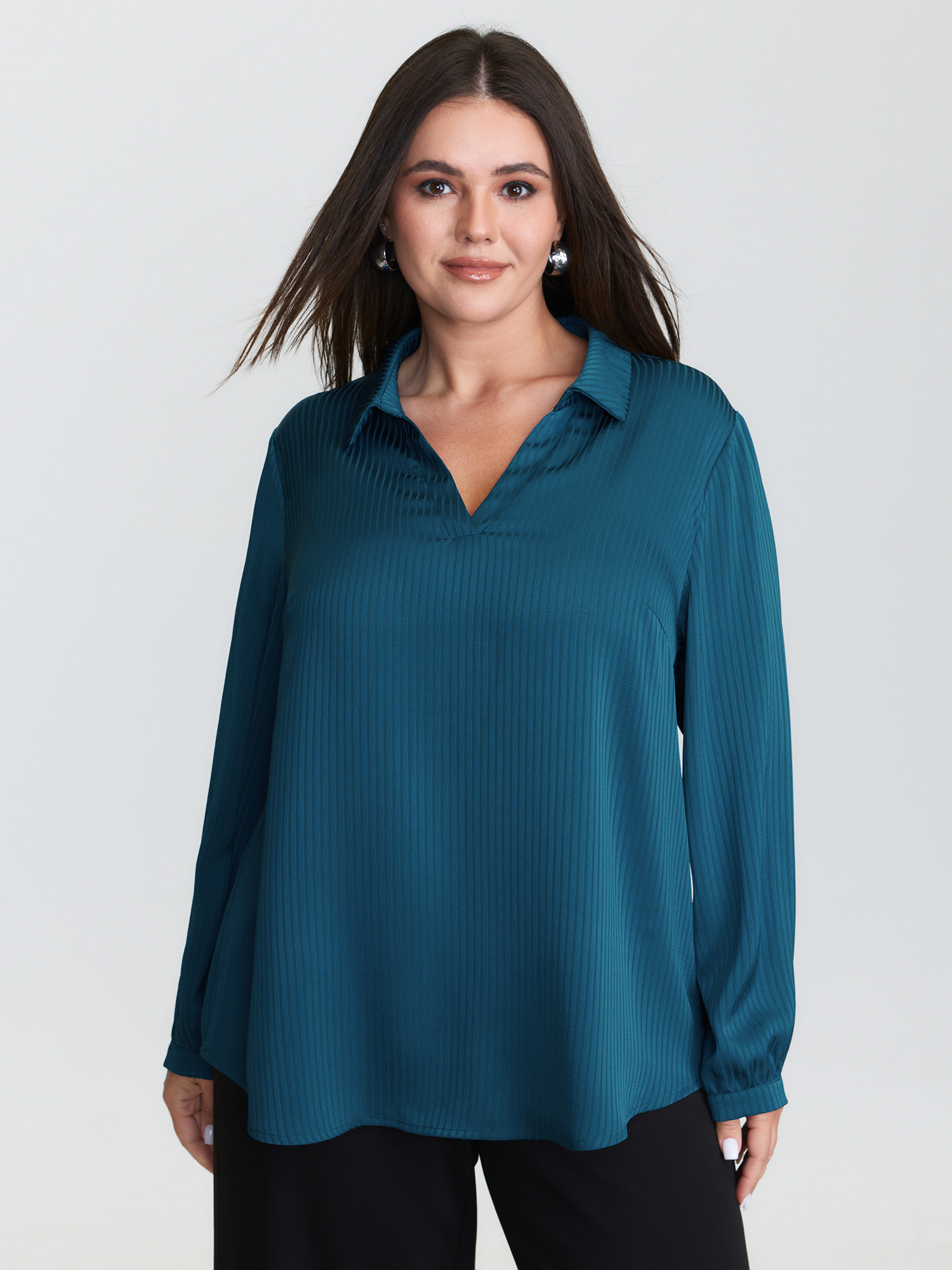 BloomChic Women's Plus Size Textured Collar Pleated Blouse Aegean Solid Office Long Sleeve Collared Neck 10/M
