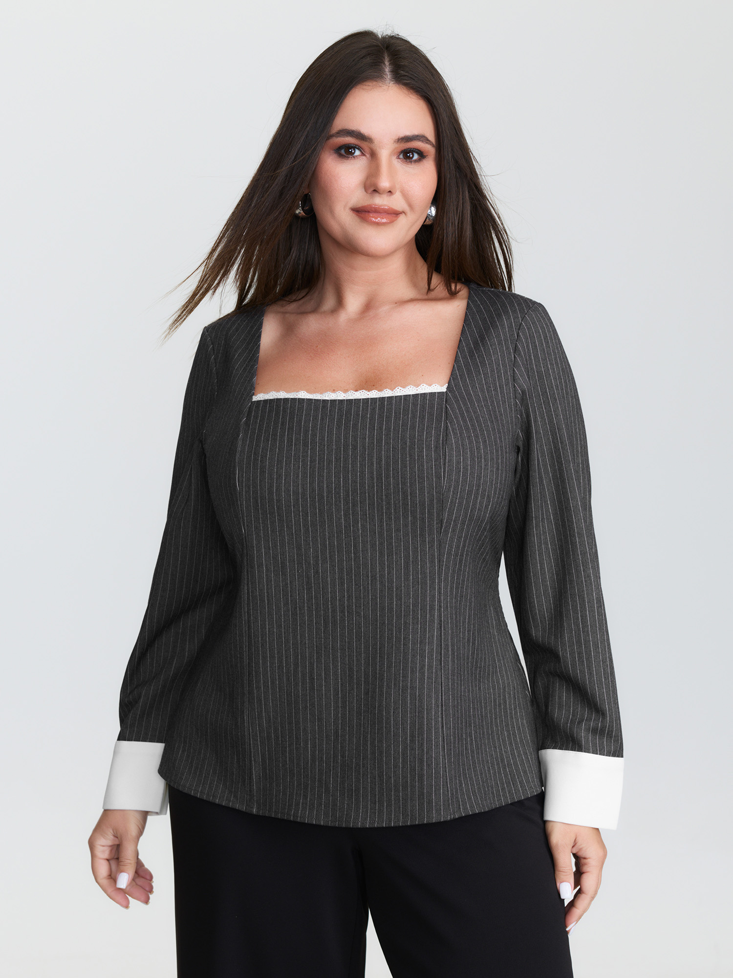 BloomChic Women's Plus Size Lace Trim Neckline Shirred Blouse DimGray Stripes Office Long Sleeve Square Neck 10/M