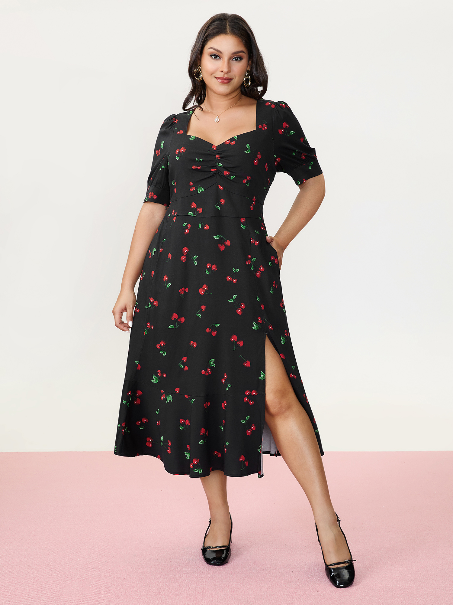 BloomChic Women's Plus Size Cherry Print Split Hem Midi Dress Black Fruit Midi Everyday-Elegant Smocked 14-16/1X