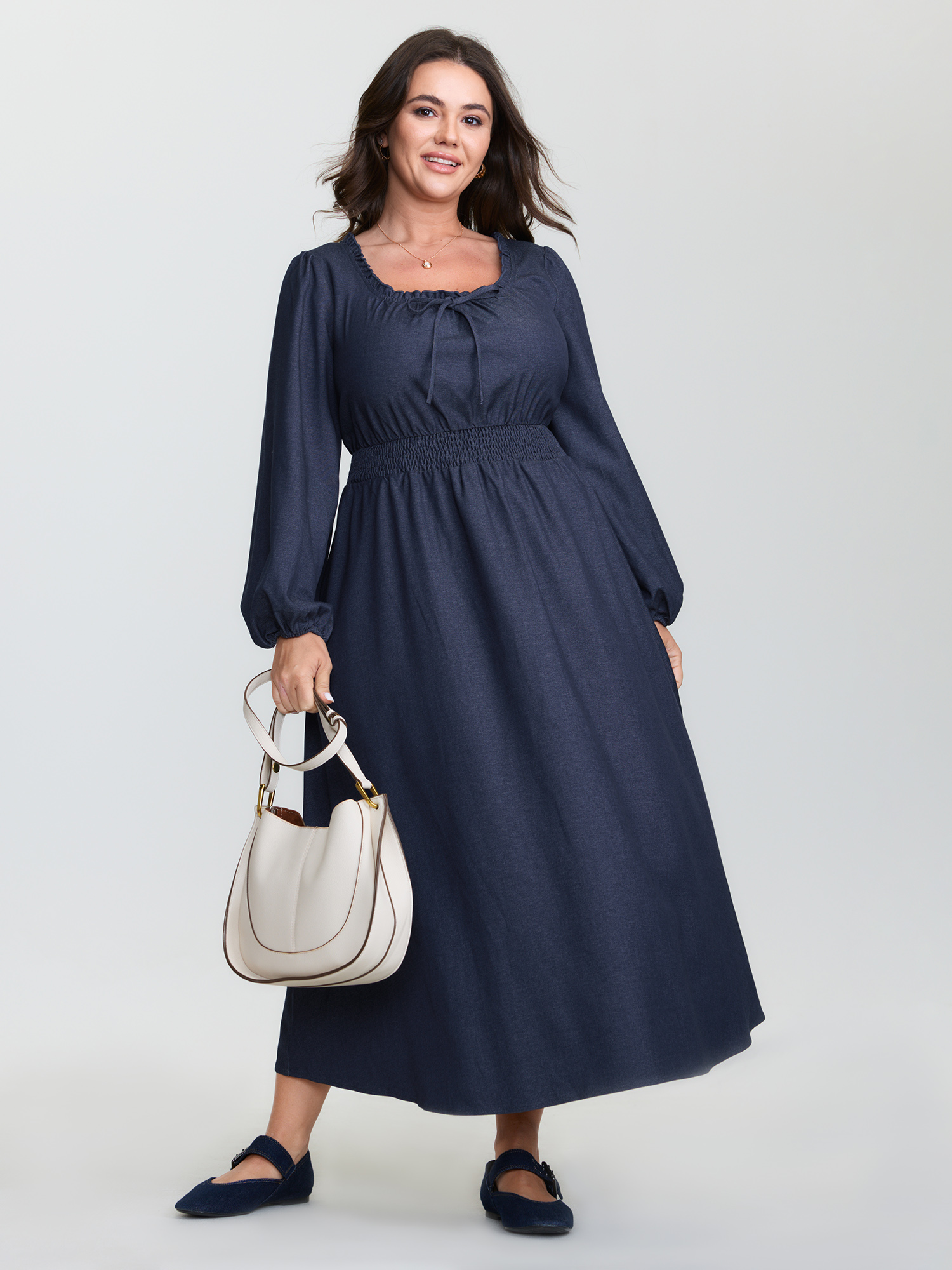 BloomChic Women's Plus Size Ruffled Neckline Shirred Waist Pocket Maxi Dress DarkBlue Solid Maxi Everyday-Casual Smocked 18-20/2X