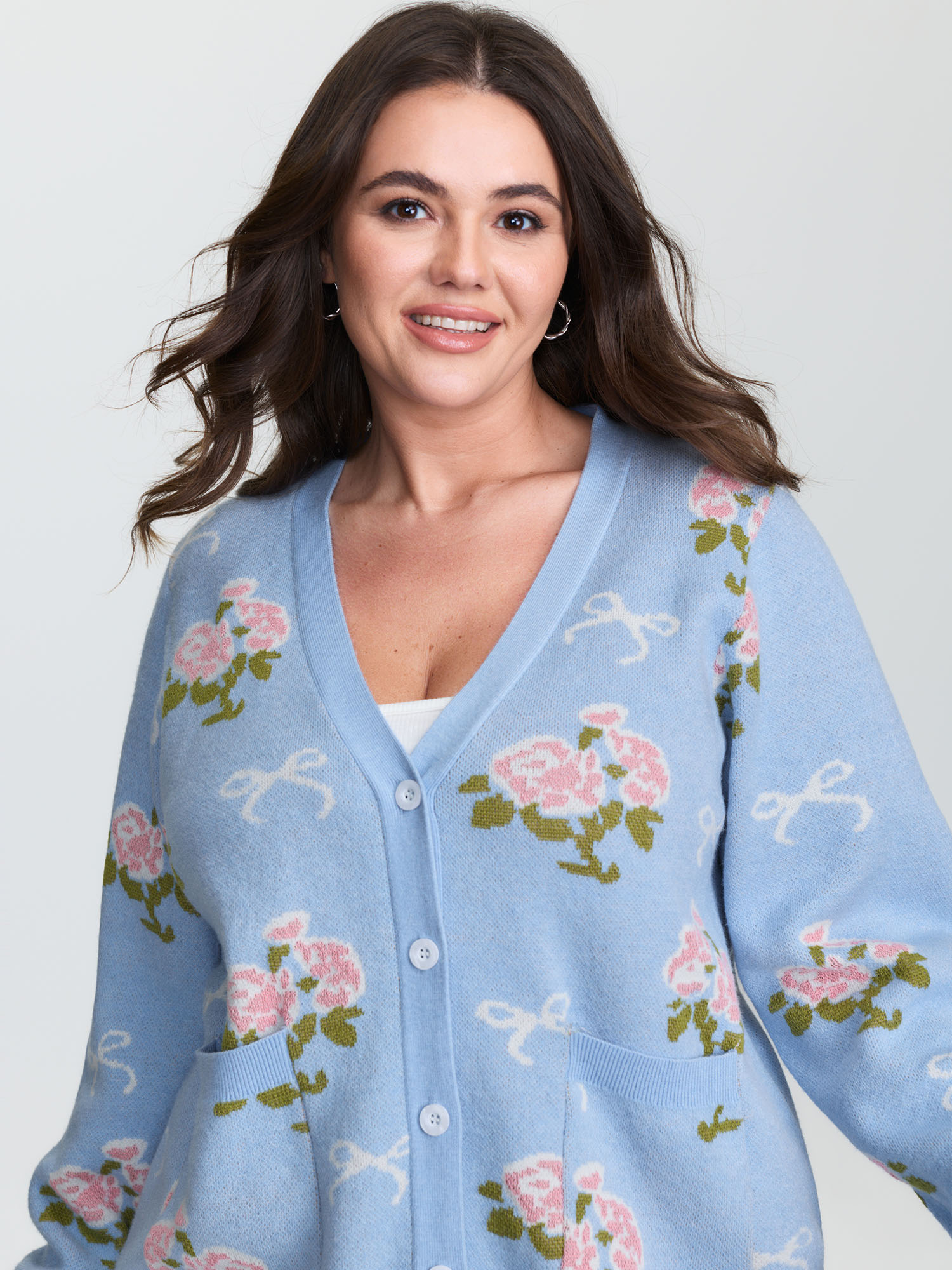 BloomChic Women's Plus Size Beautiful Floral Bow Pattern Jacquard Knit Cardigan LightBlue Long Sleeve V-Neck 10/M