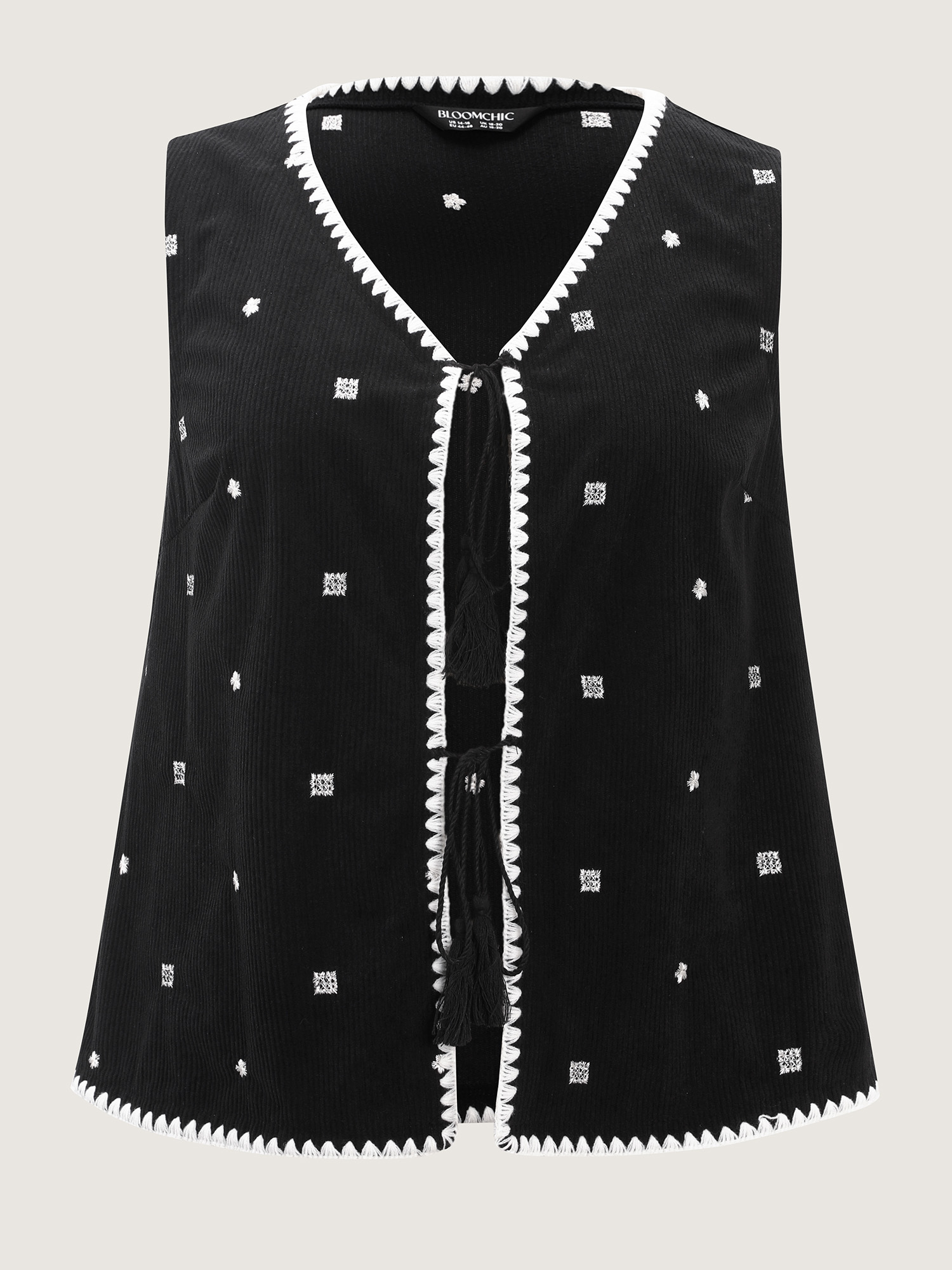 Side view of BloomChic Women's Plus Size Floral Embroidered Tassel-Front Vest Black Lace-Up 28/5X