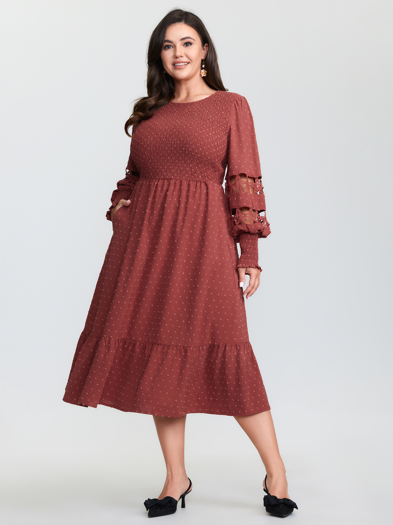 BloomChic Women's Plus Size Cut-Out Lace Textured Pockets Midi Dress Russet Solid Midi Everyday-Elegant Smocked 30/6X