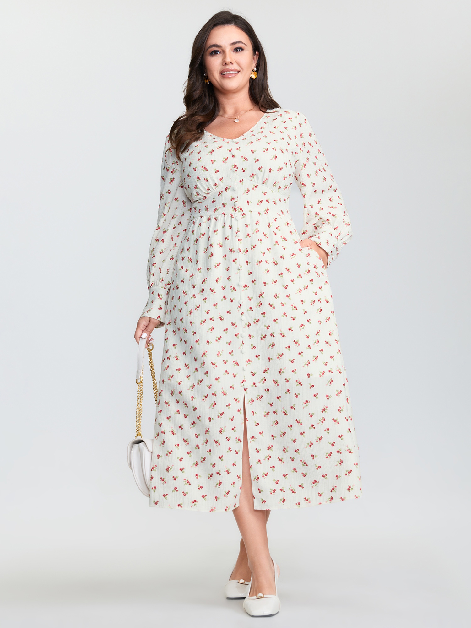 BloomChic Plus Size Micro Floral Print Button Placket Midi Dress - Curve Ladies WhiteSmoke Elegant Long Sleeve Ditsy Floral Side Pocket Daily Dresses 14/M