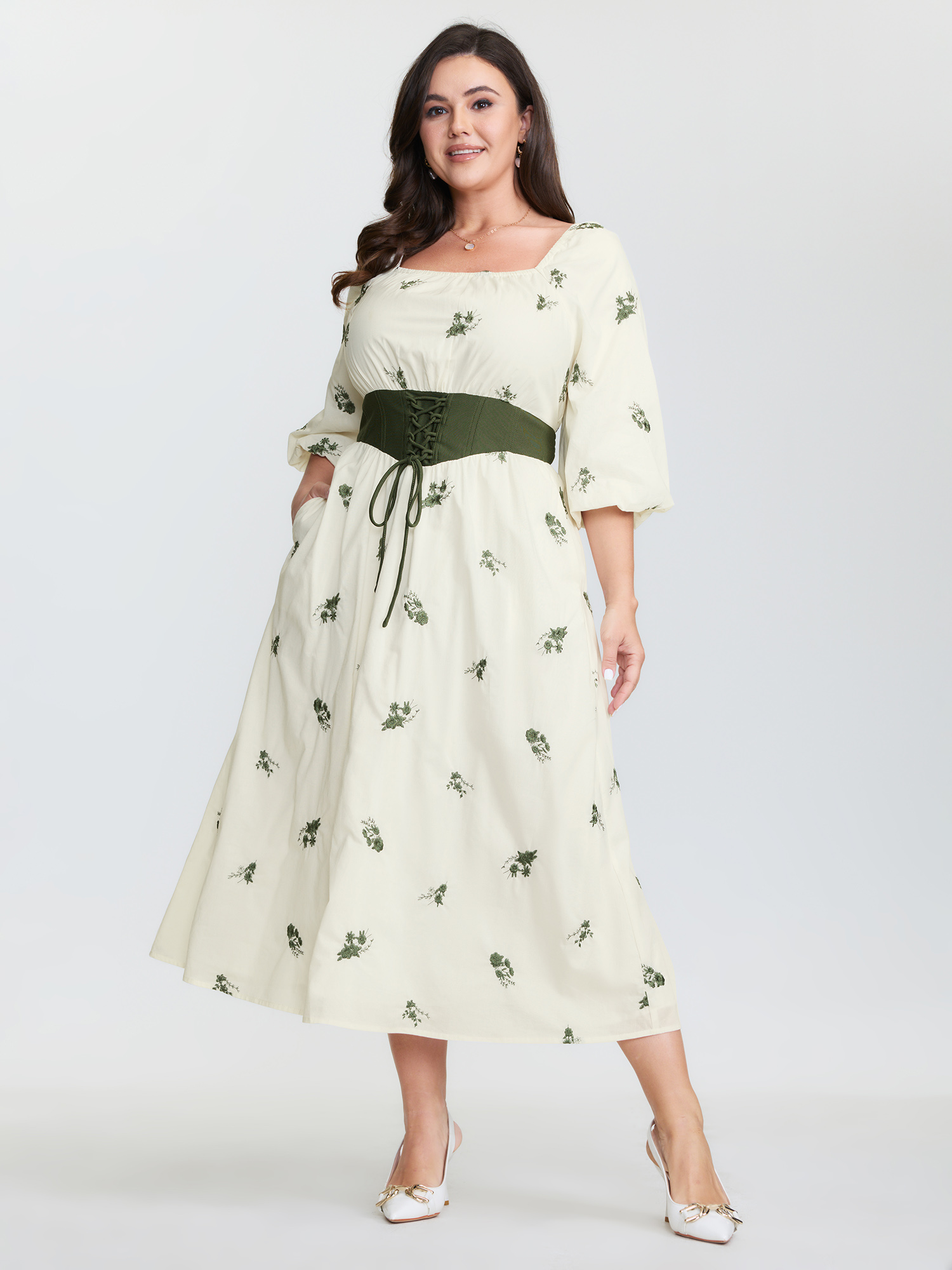 BloomChic Plus Size 2-in-1 Embroidered Tulle Maxi Dress - Curve Ladies Ivory Elegant 3/4 Sleeve Ditsy Floral Side Pocket Daily Dresses 26-28/3X