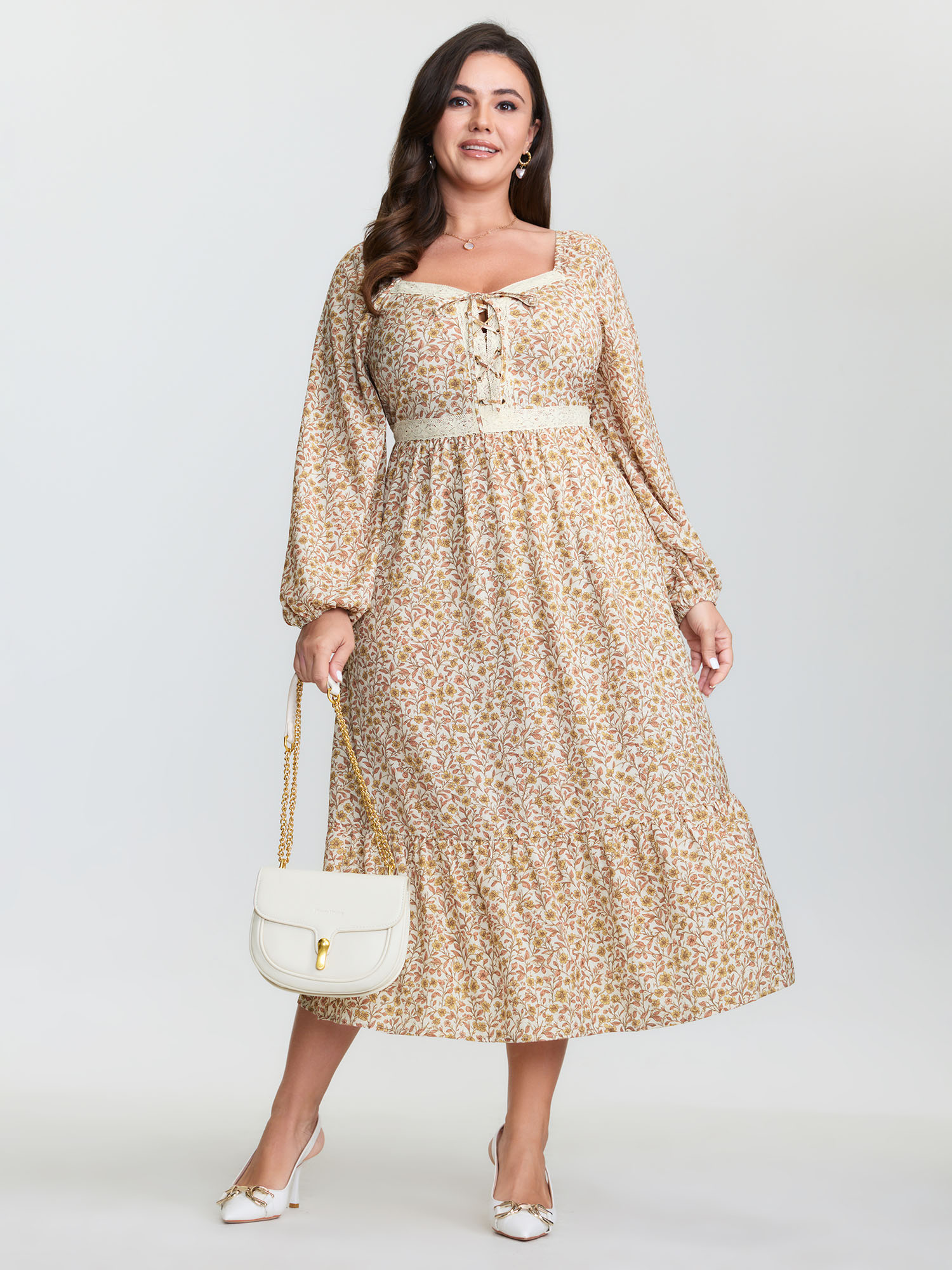 BloomChic Women's Plus Size Retro Floral Print Lace Trim Midi Dress Yellowishbrown Ditsy Floral Midi Everyday-Elegant Lace-Up 12/L