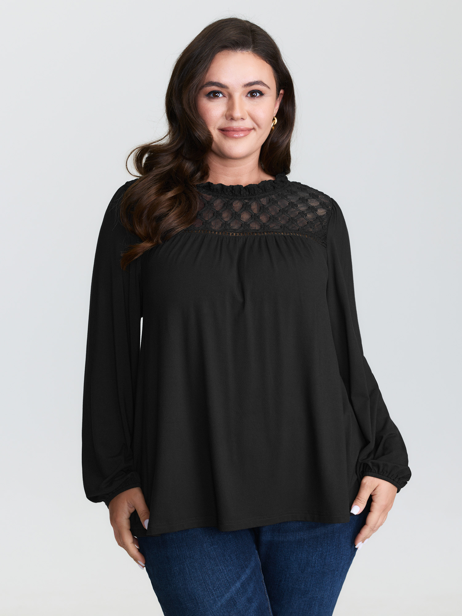 BloomChic Women's Plus Size Checkered Mesh Ruffled Neckline Knit Top Black Long Sleeve Office Round Neck 14-16/1X