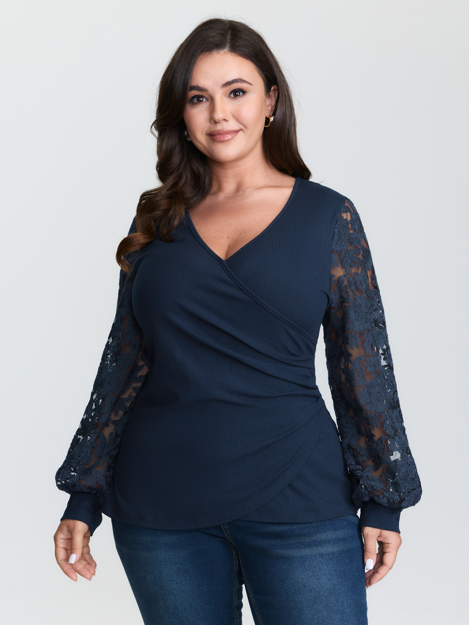 BloomChic Women's Plus Size Textured Wrap Neck Draped T-Shirt Indigo Solid Everyday-Elegant Long Sleeve Deep V-Neck 26/4X