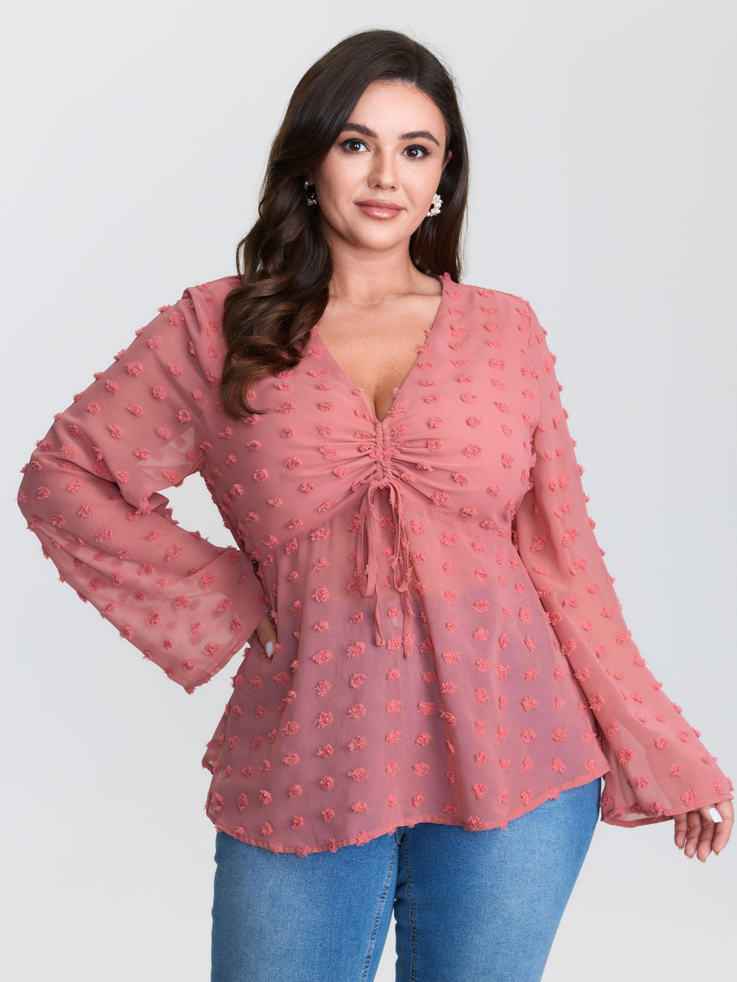BloomChic Women's Plus Size Textured Ruched Bodice Flared Blouse Watermelon Solid Everyday-Elegant Long Sleeve Deep V-Neck 10/M
