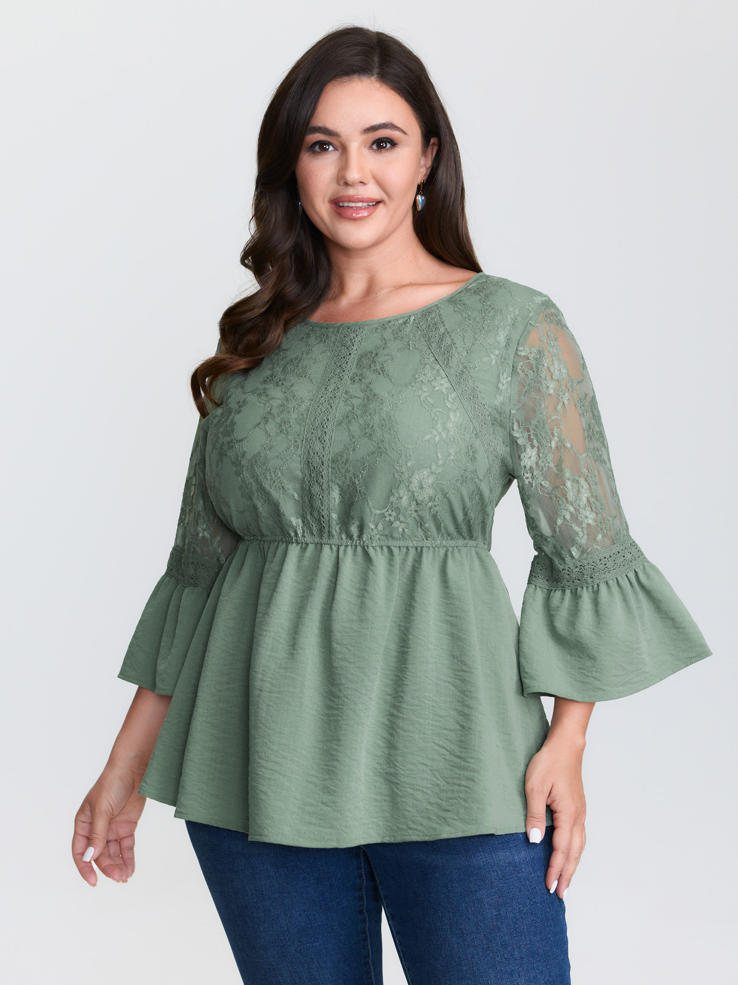 BloomChic Women's Plus Size Textured Floral Lace Patchwork Blouse Greenbean Solid Everyday-Elegant 3/4 Sleeve Round Neck 10/M