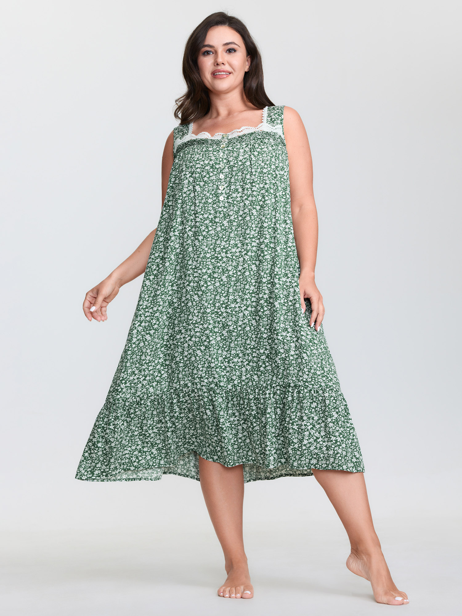 BloomChic Women's Plus Size Floral Lace Neckline Wide Straps Nightgown Emerald Sleeveless Midi Square Neck 28/5X-image-47856834183338