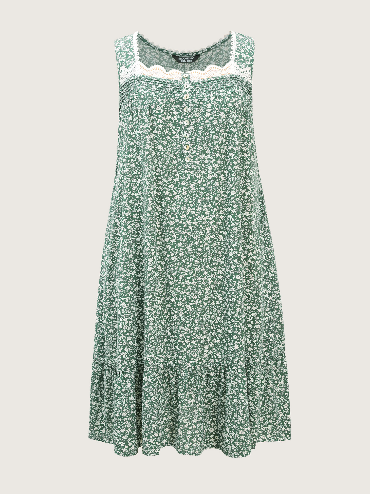 Side view of BloomChic Women's Plus Size Floral Lace Neckline Wide Straps Nightgown Emerald Sleeveless Midi Square Neck 10/M