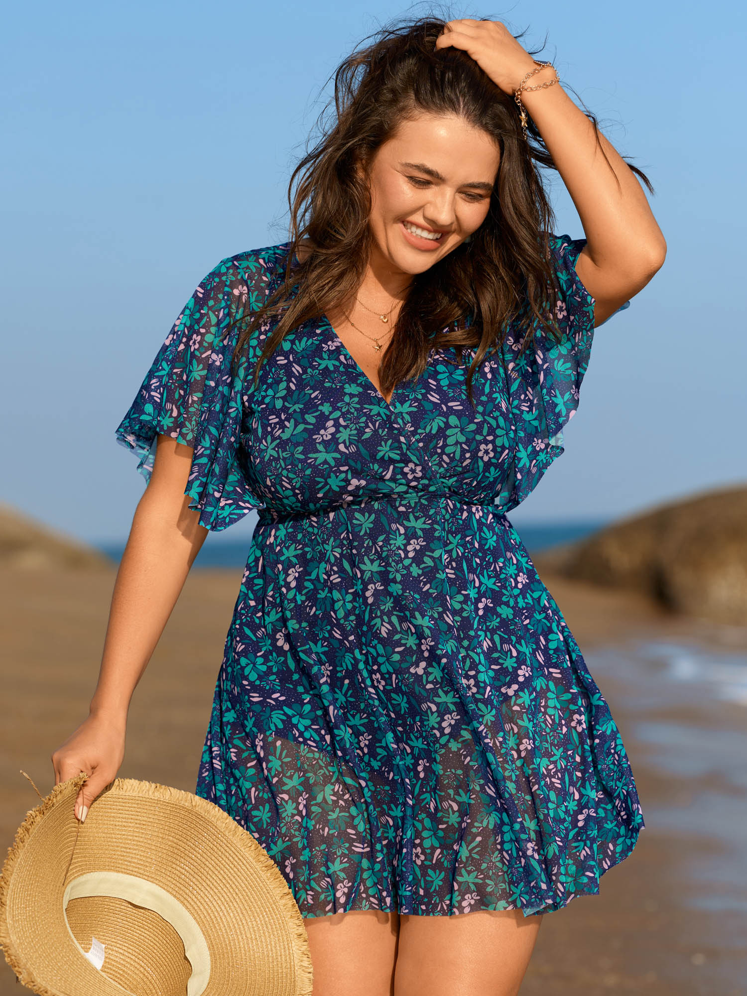 BloomChic Women's Plus Size Colorful Sheer Floral Print Swim Dress Indigo Ditsy Floral Mesh Panel Adaptive-Fit 10/M
