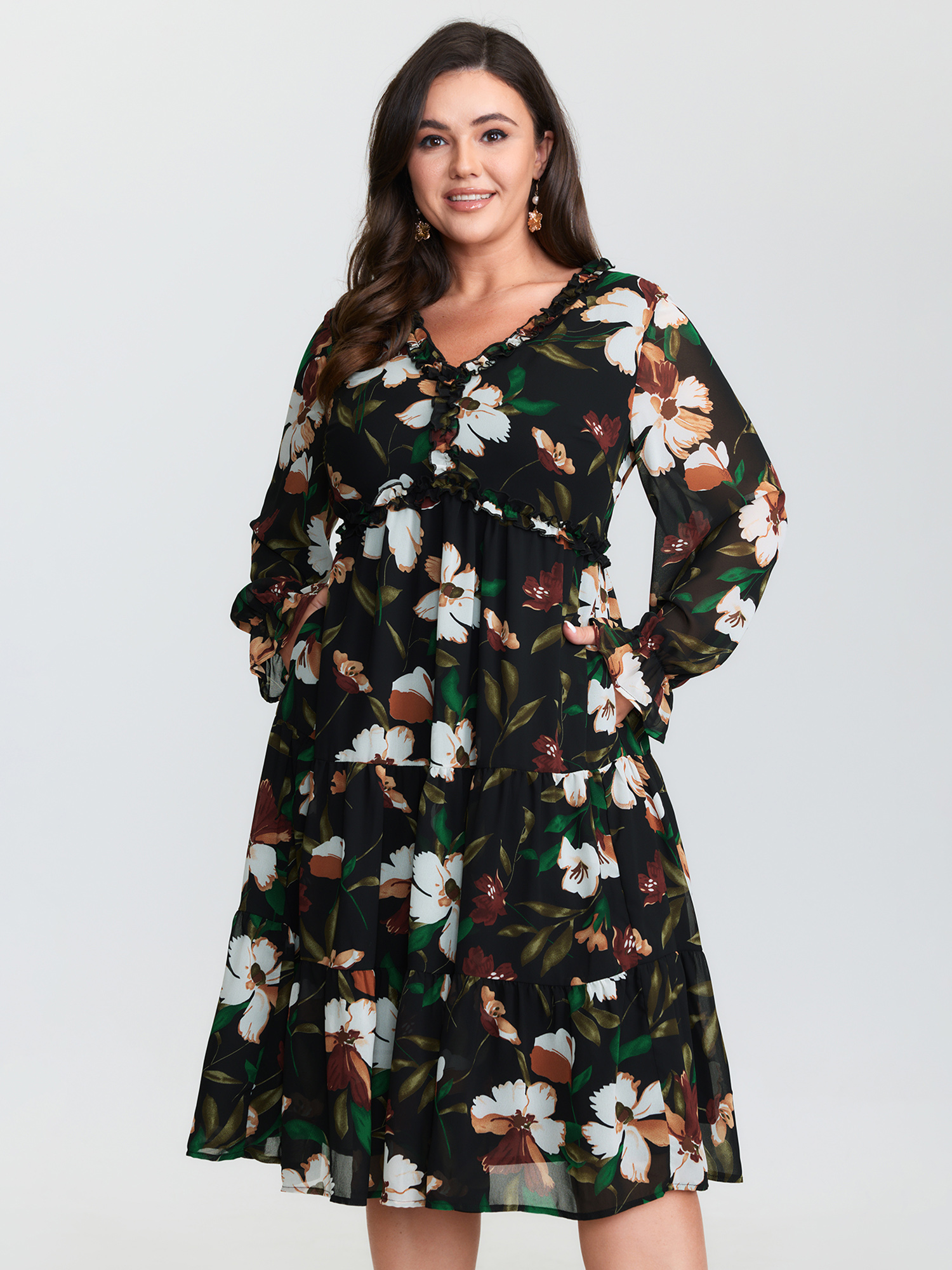 BloomChic Women's Plus Size Tropical Floral Print Ruffled Neckline Midi Dress Black Floral Midi Everyday-Elegant Ruffles 10/M