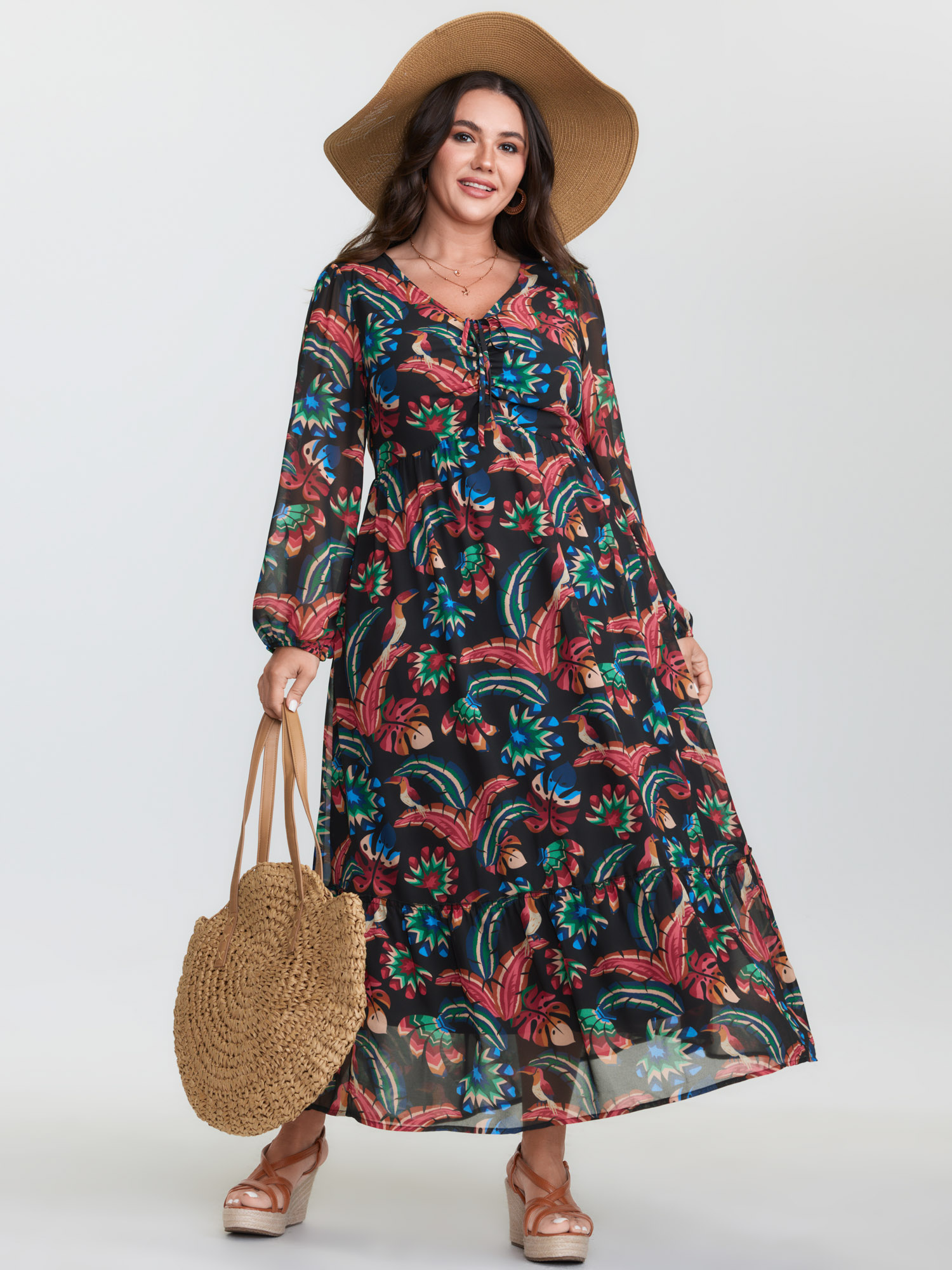 BloomChic Women's Plus Size Bright Tropical Floral Print Drawstring Maxi Dress Black Tropical Maxi Vacation Lace-Up 10/M