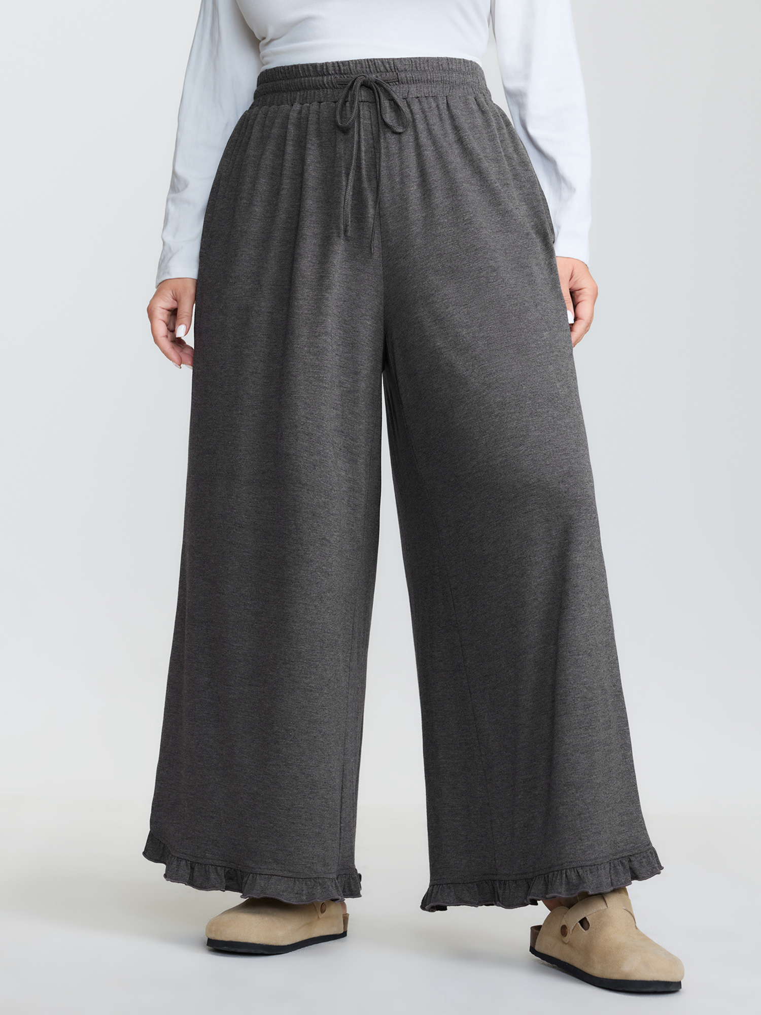 BloomChic Women's Plus Size Supersoft Drawstring Waist Ruffled Hem Pants DimGray Solid Wide leg High Rise 10/M