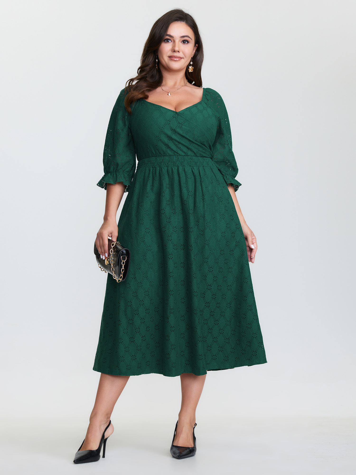 BloomChic Women's Plus Size Textured Draped Surplice Neckline Midi Dress DarkGreen Solid Midi Everyday-Elegant Smocked 12/L