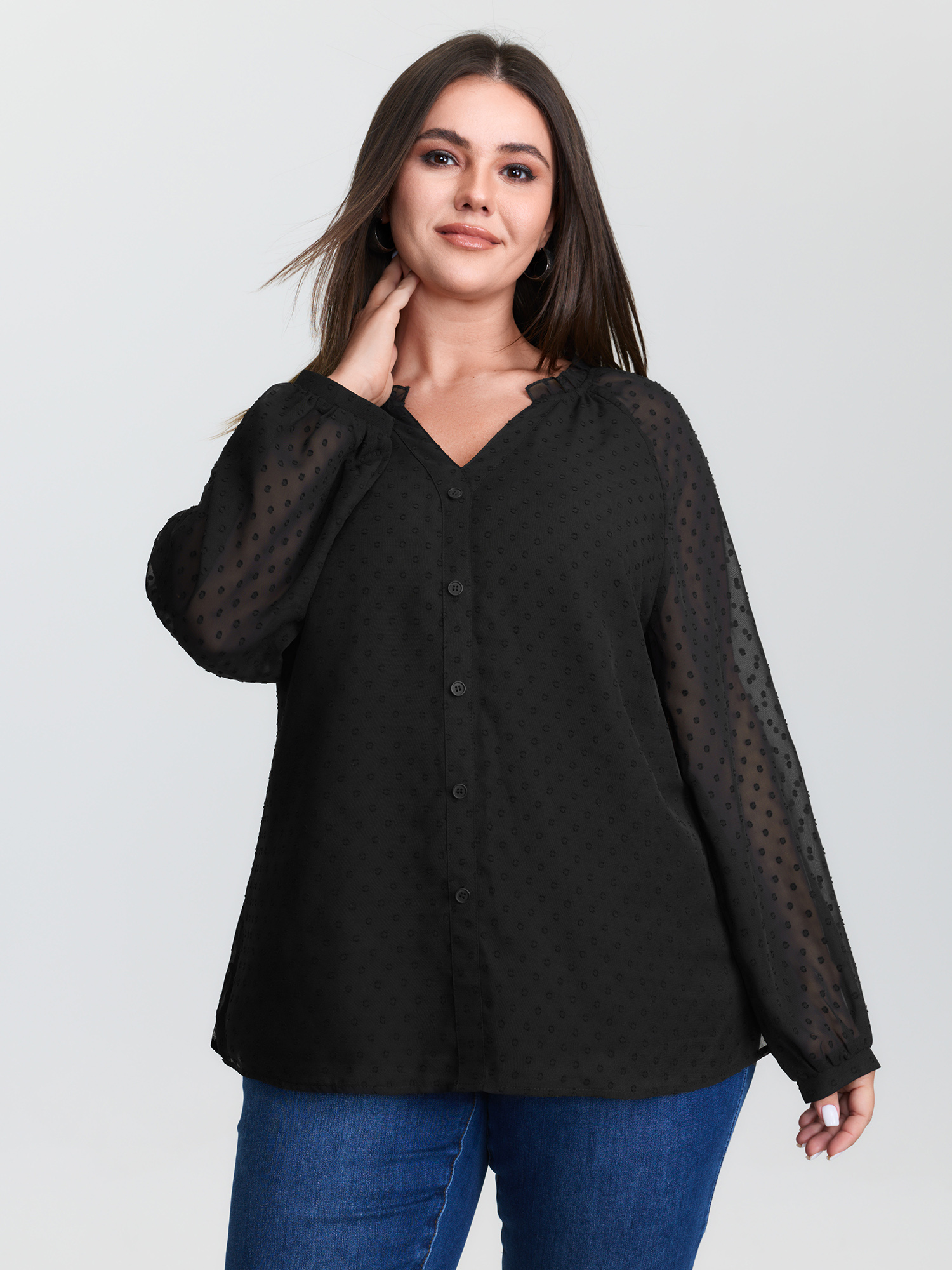 BloomChic Women's Plus Size Sheer Textured Sleeve Ruffled Neckline Blouse Black Solid Office Long Sleeve V-Notch Neck 10/M