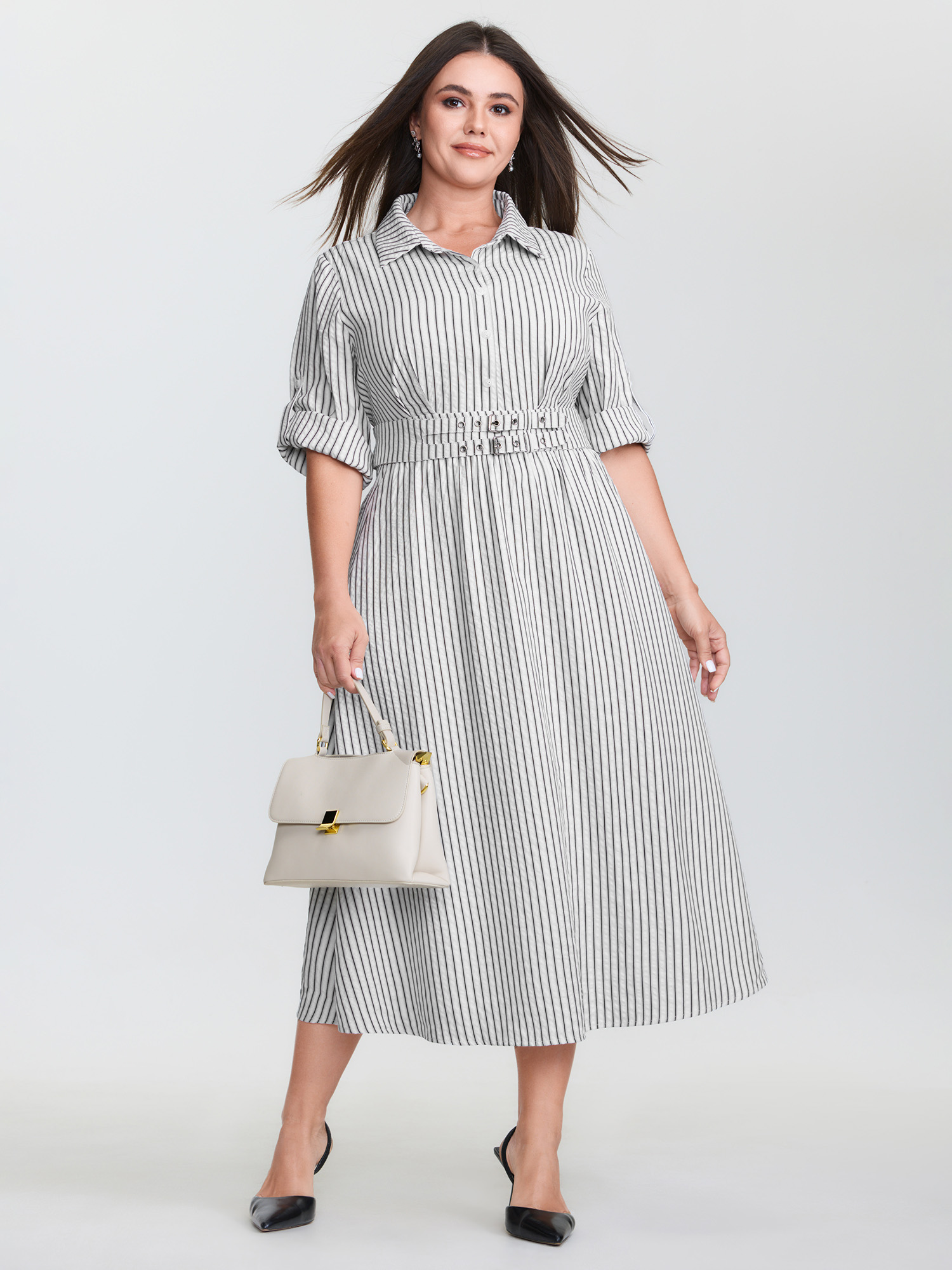 BloomChic Plus Size Striped Tab Sleeve Double Belt Midi Shirt Dress - Curve Ladies Black Office Short sleeve Stripes Side Pocket Daily Dresses 14/M