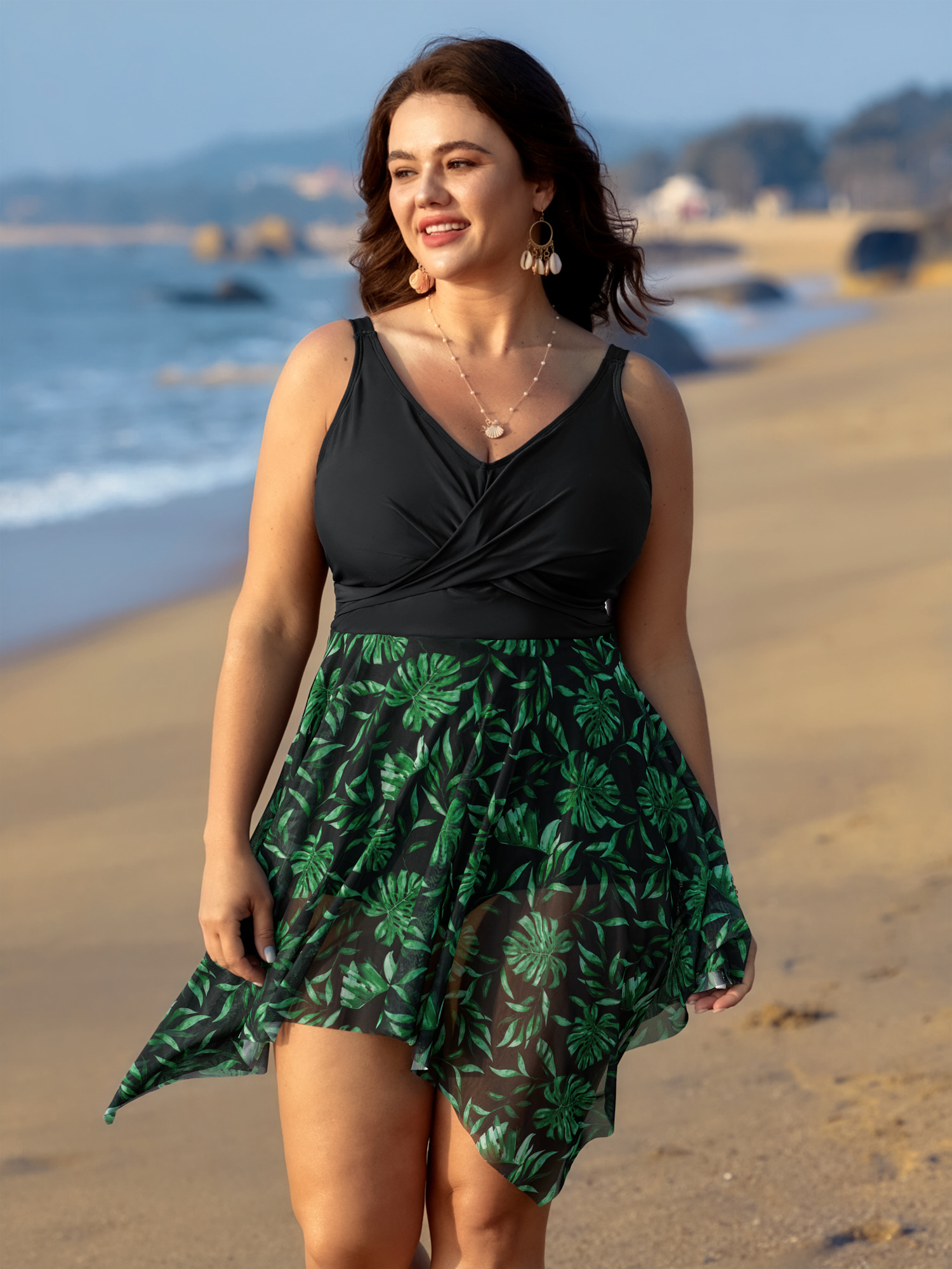 BloomChic Women's Plus Size Tropical Mesh Color Contrast Swim Dress Black Tropical Twist Contoured Hip Fit 10/M