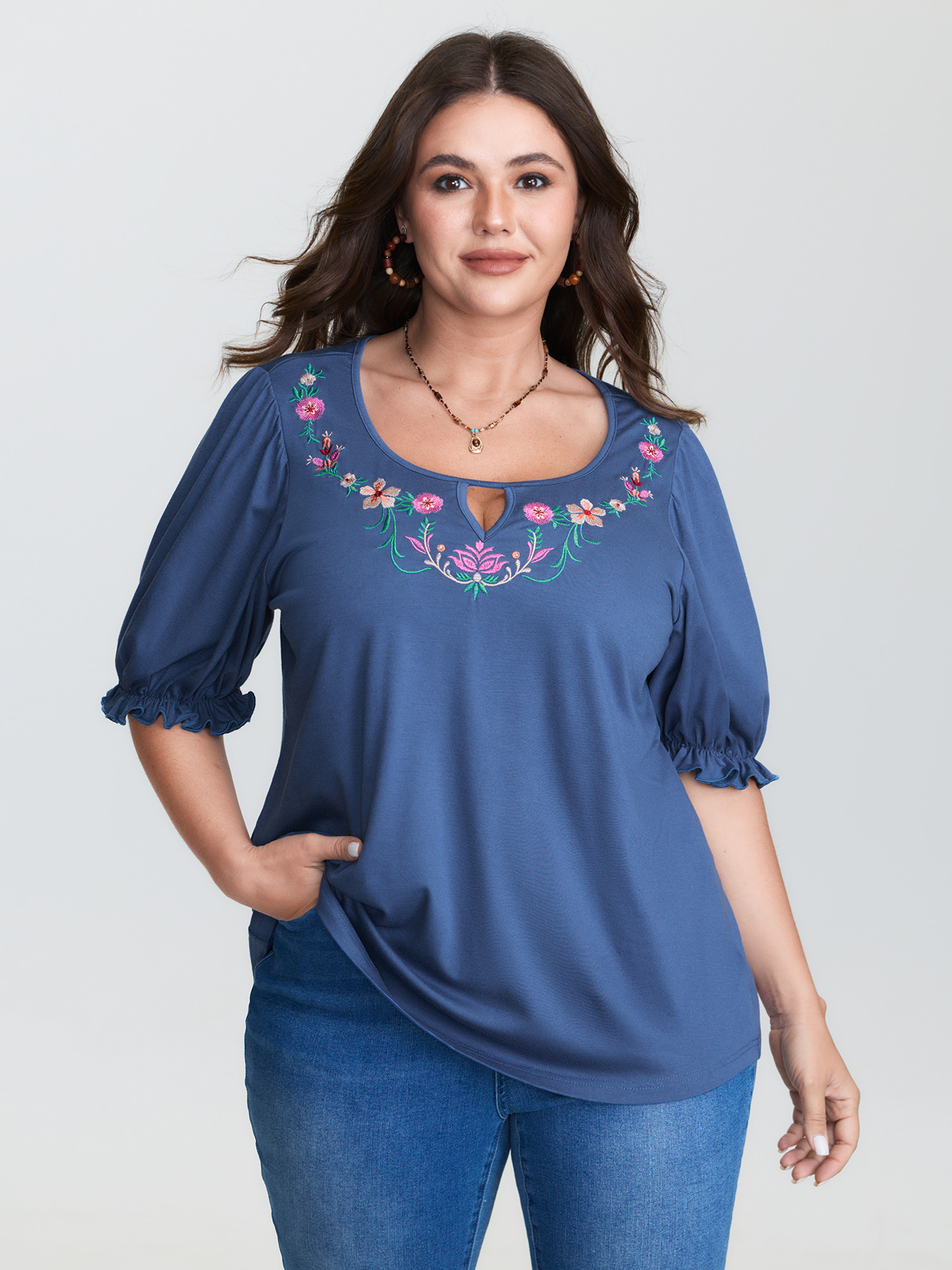 BloomChic Plus Size Colorful Floral Embroidered Neckline T-Shirt - Women's Mediumblue Solid Round Neck Comfort Midsection Fit Long Sleeve Playful T-shirts 22-24/2X