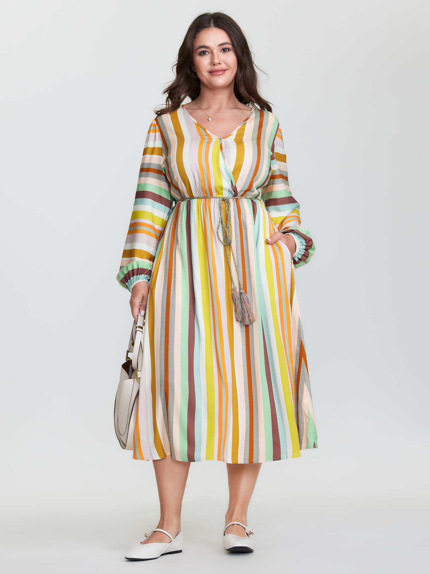 BloomChic Women's Plus Size Supersoft Striped Wrap Neckline Midi Dress Multicolor Stripes Midi Everyday-Casual Tassels 10/M