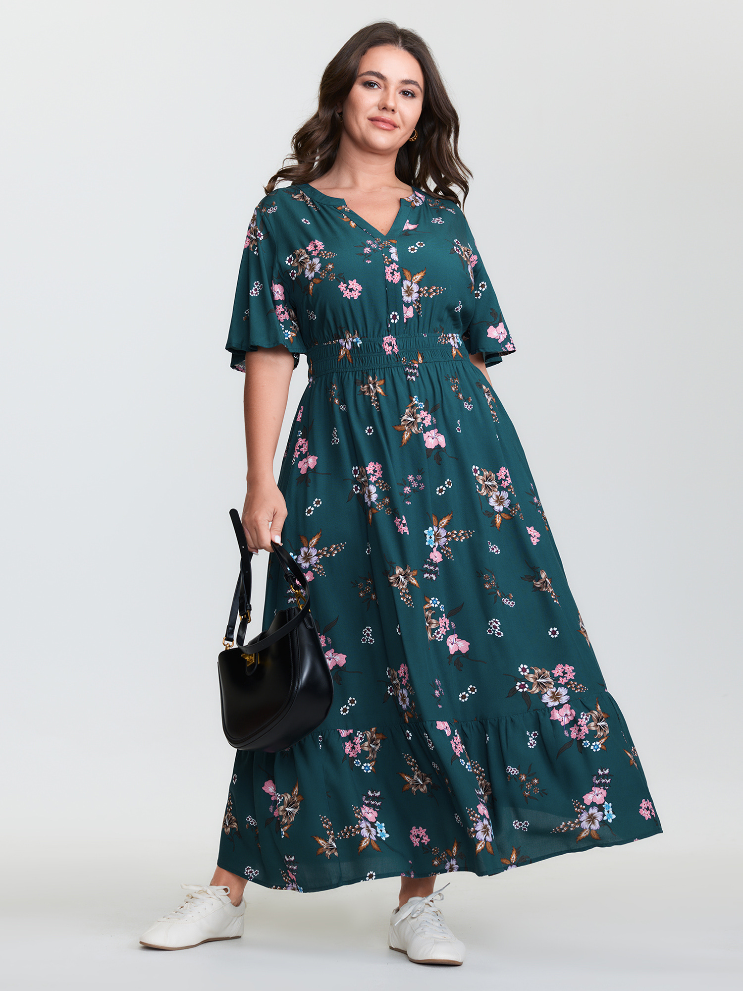 BloomChic Women's Plus Size Floral Print Pockets Notched Collar Maxi Dress Teal Floral Maxi Everyday-Casual Smocked 18-20/2X