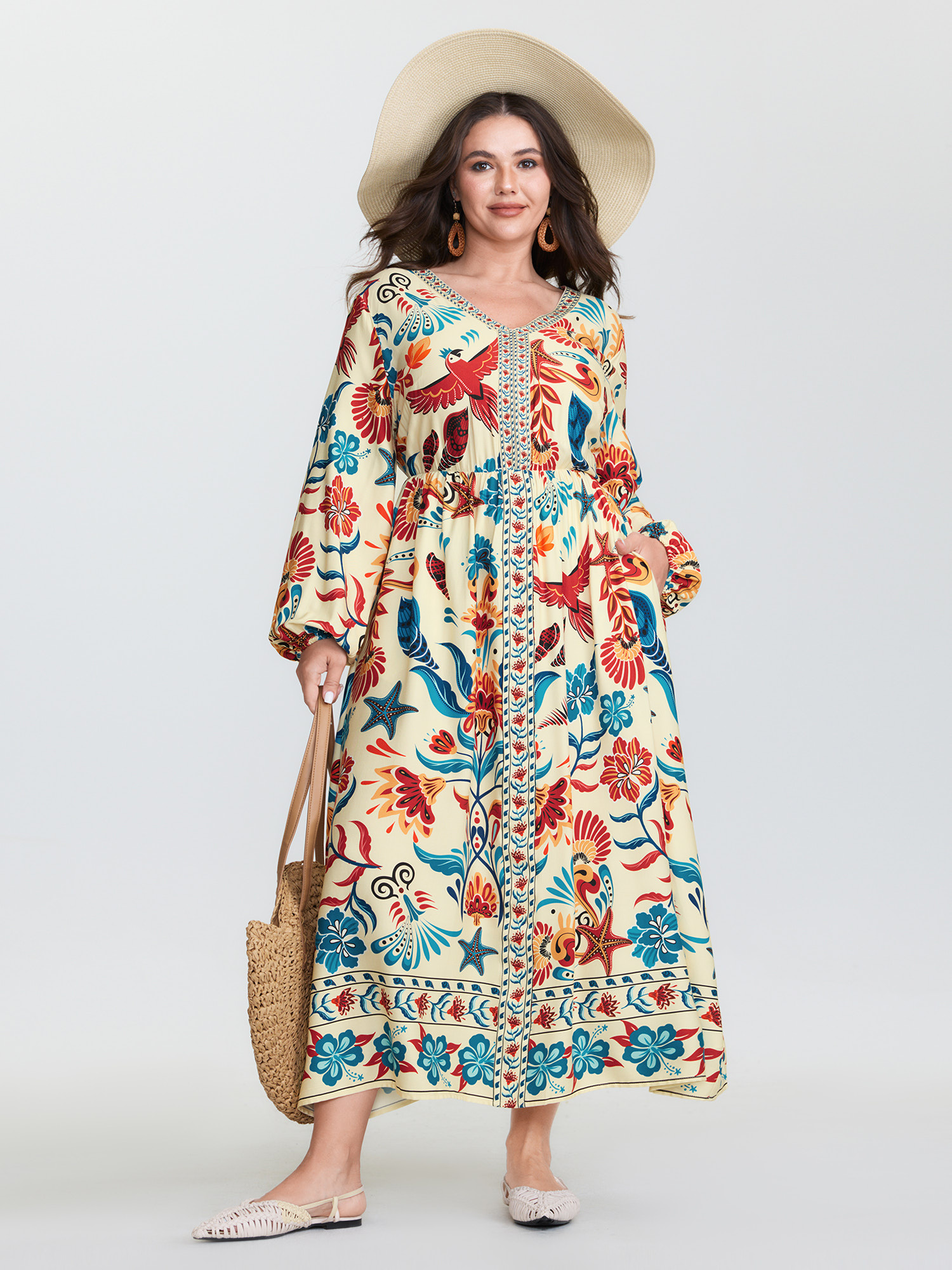BloomChic Women's Plus Size Colorful Ocean Element V-Neck Maxi Dress Multicolor Tropical Maxi Vacation Non 30/6X