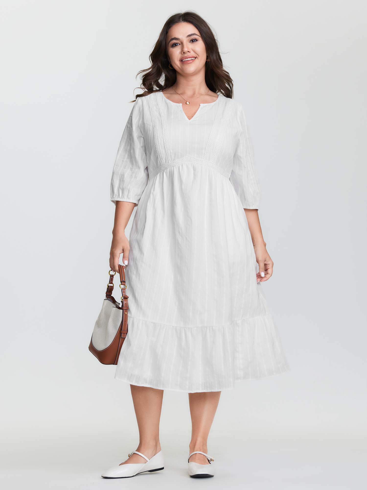 Bloomchic Cotton Lace Trim Tiered Textured Midi Dress In Originalwhite