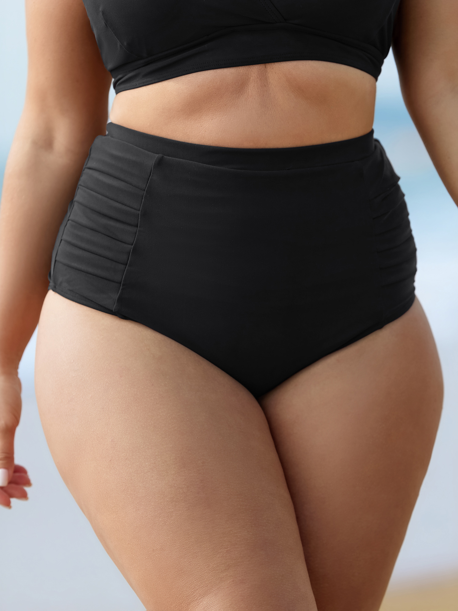 BloomChic Women's Plus Size Pleated High-Waisted Swim Bottoms Black Solid Booty Ruched Elastic Waist 22-24/3X