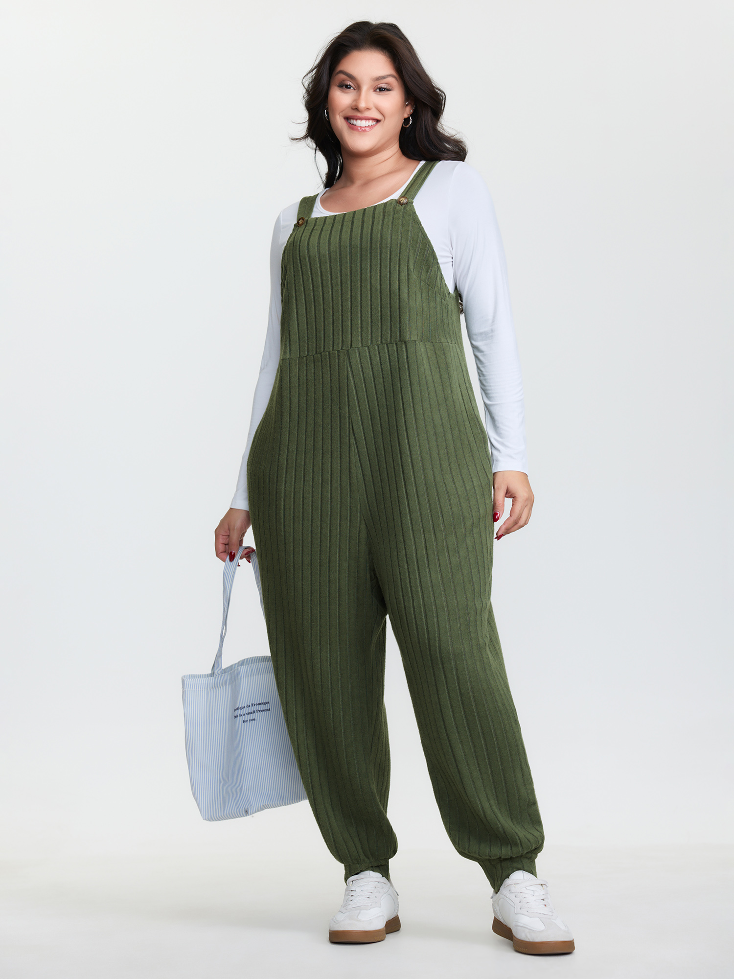 BloomChic Women's Plus Size Textured Knit Adjustable Overall Jumpsuit ArmyGreen Everyday-Casual 18-20/2X