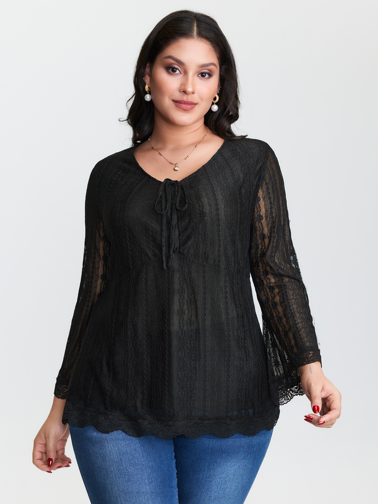 BloomChic Women's Plus Size Lace Ruched Drawstring Neckline Knit Top Black Long Sleeve Everyday-Elegant V-Neck 28/5X
