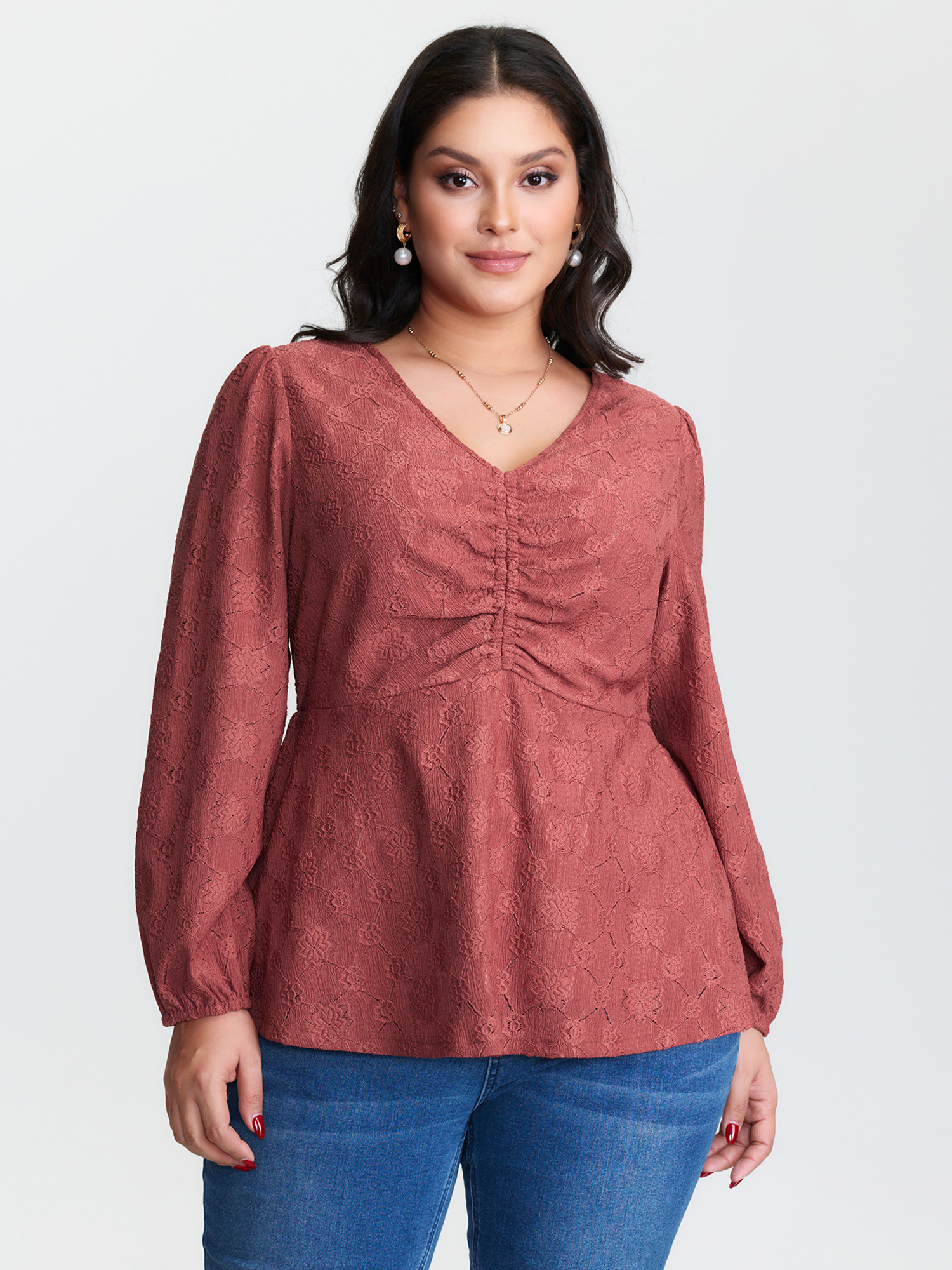 BloomChic Women's Plus Size Ruched Bodice Textured Adjustable Knit Top Russet Long Sleeve Everyday-Elegant V-Neck 10/M
