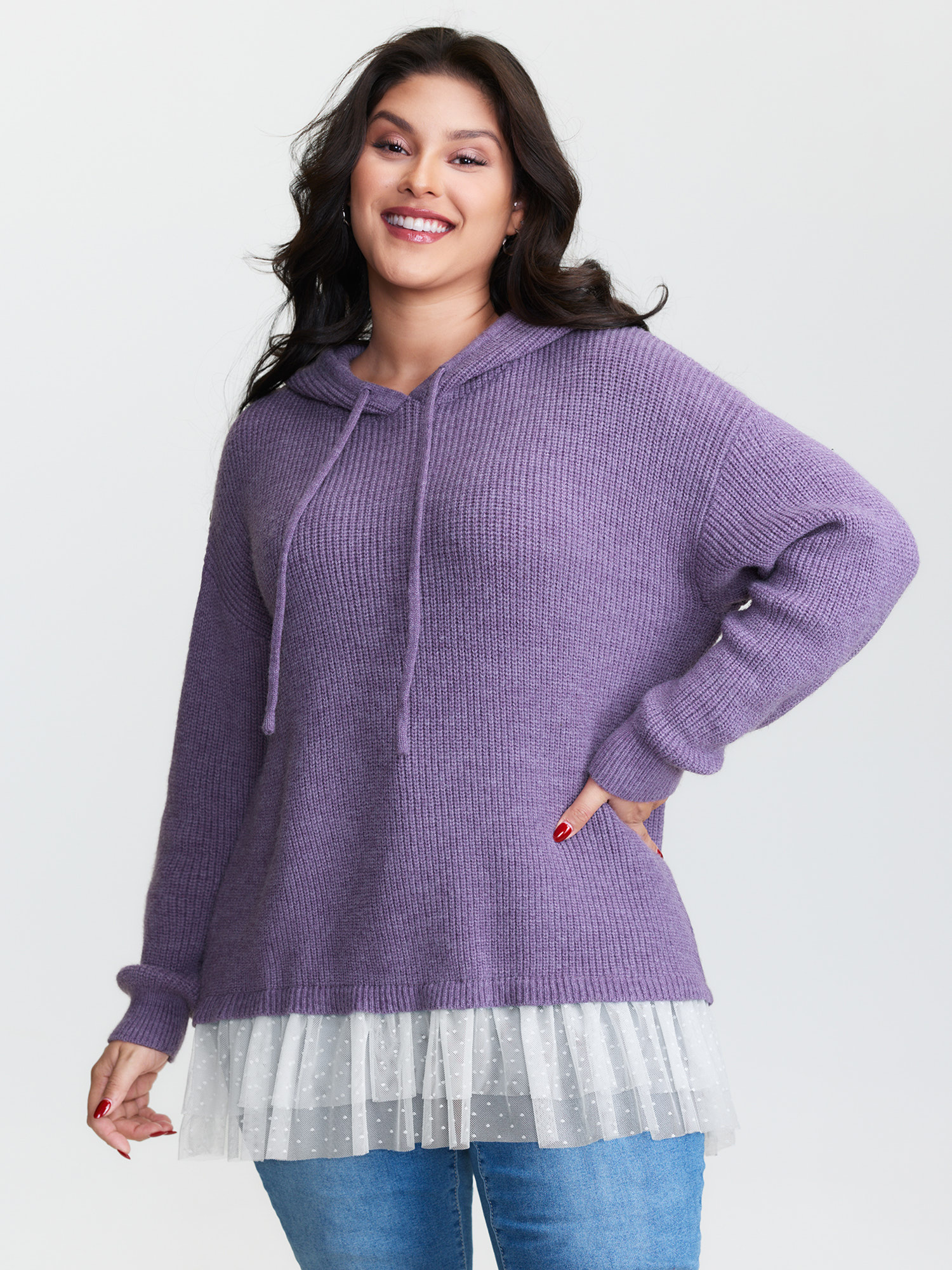 BloomChic Women's Plus Size Textured Mesh Hooded Pullover Mauve not graphics Long Sleeve Hooded Neck 10/M