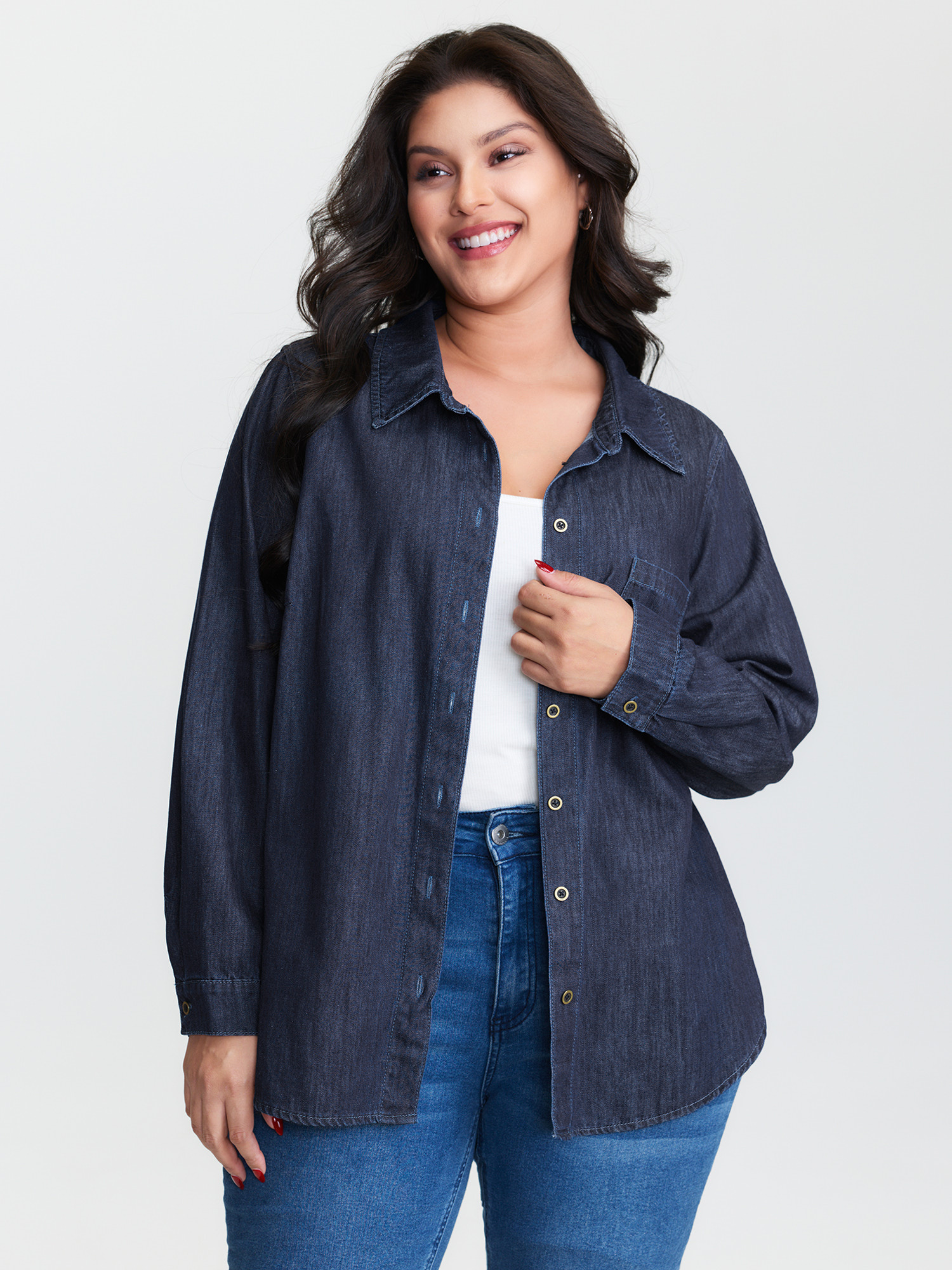 BloomChic Women's Plus Size Supersoft Button-Down Denim Top Darkindigo not graphics Long Sleeve Non Everyday-Casual 10/M