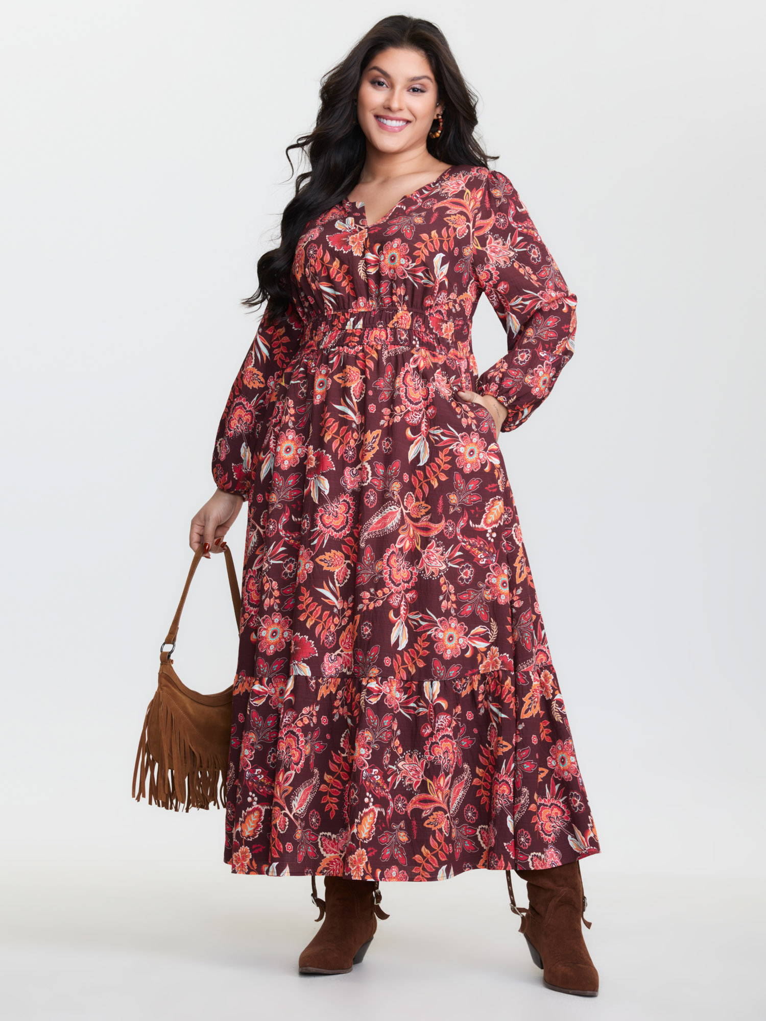 BloomChic Women's Plus Size Boho Floral Print Cinched-Waist Maxi Dress Burgundy Ethnic Floral Maxi Vacation Non 14-16/1X