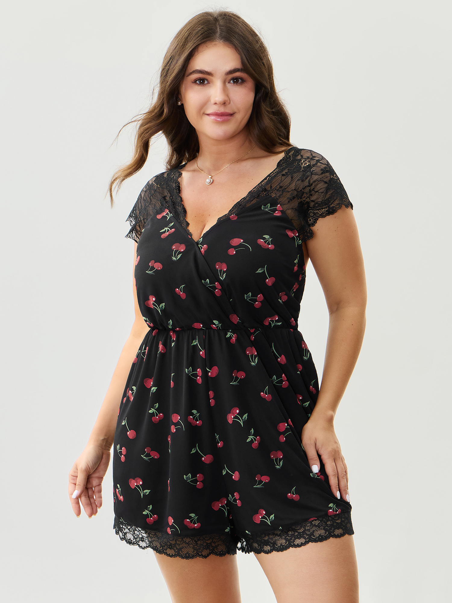 BloomChic Women's Plus Size Sweet Cherry Lace Sleeve Lounge Romper Black Fruit V-Neck Pajama Jumpsuits 14-16/1X-image-47824889315498