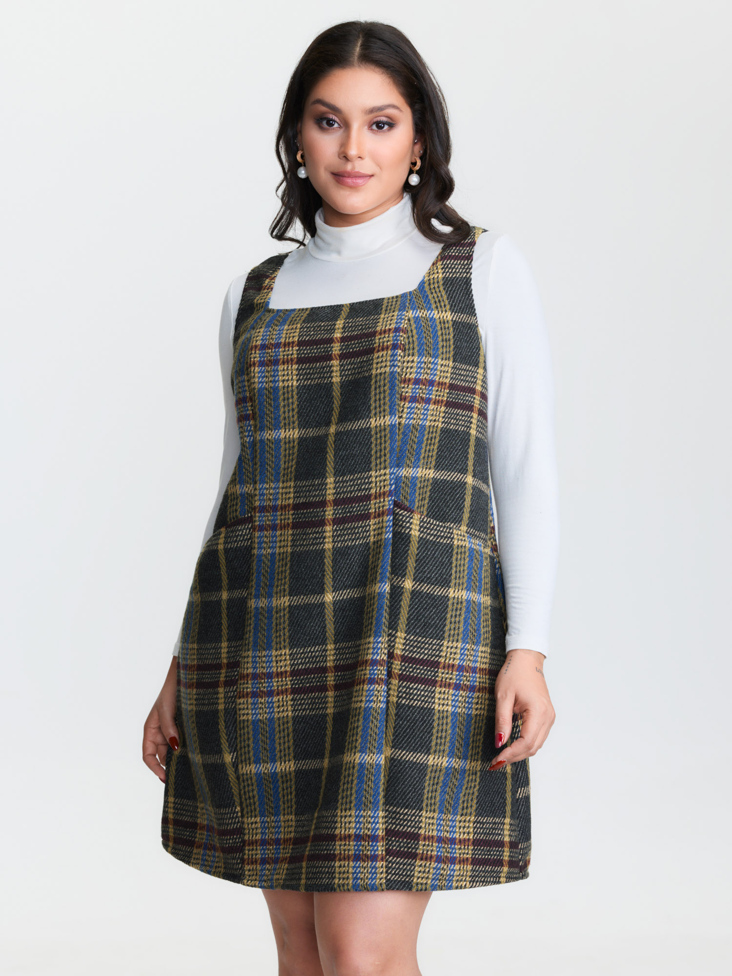 Bloomchic Plaid Pattern Slant Pockets Knee Dress In Brown