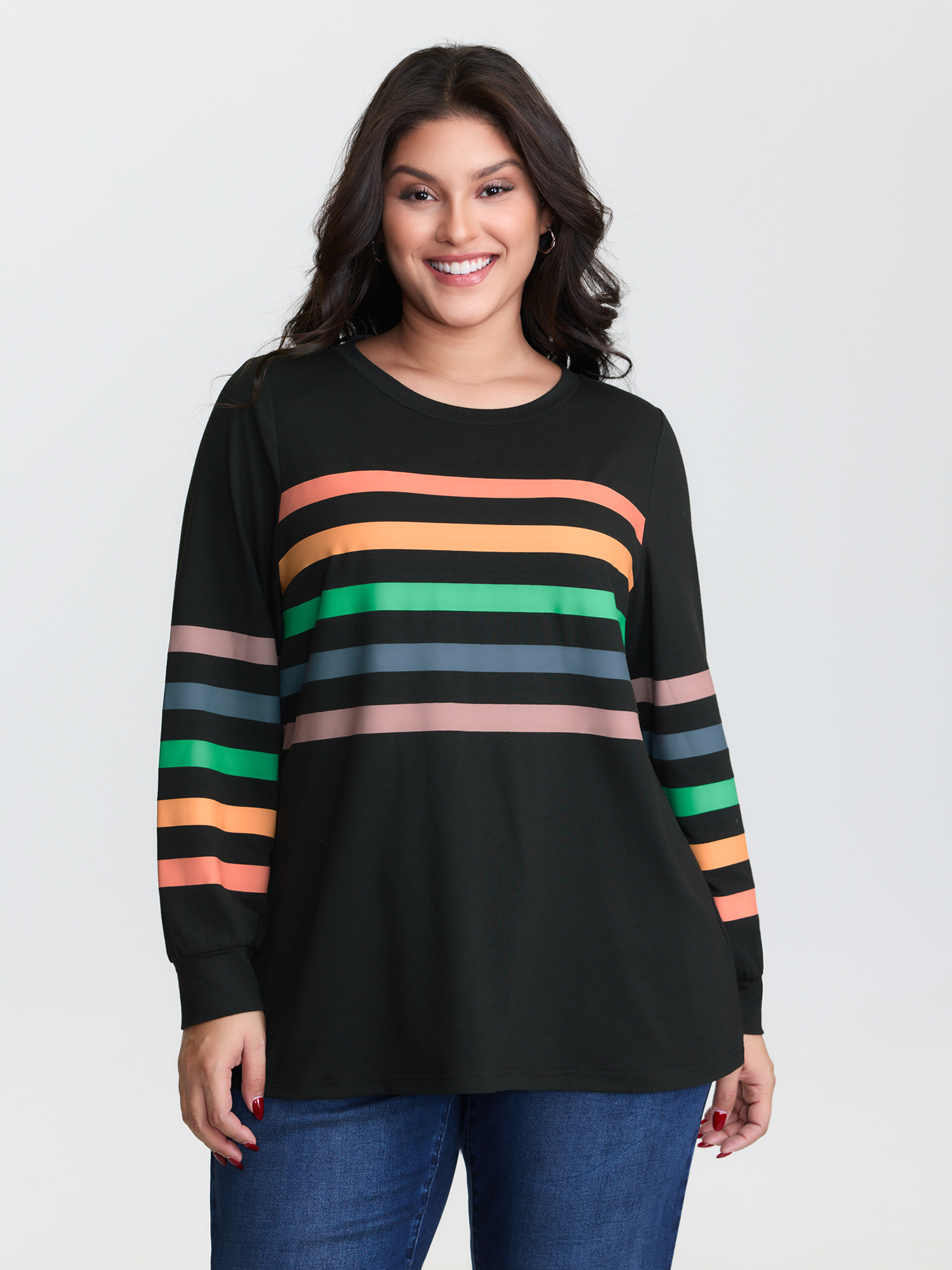 BloomChic Women's Plus Size Multi-Color Striped Round Neck T-Shirt Black Else Everyday-Casual Long Sleeve Round Neck 12/L