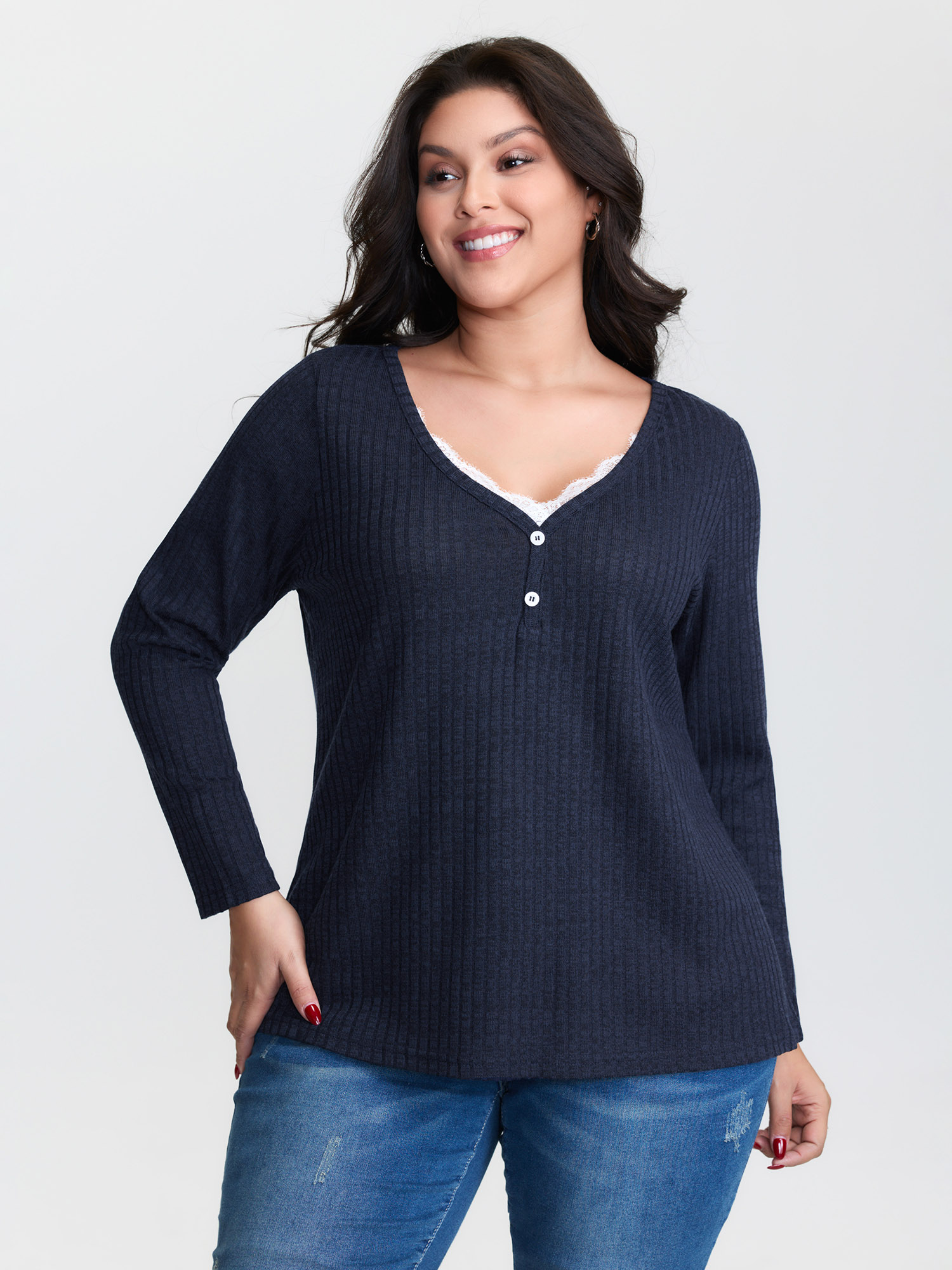 BloomChic Plus Size Stretchy V-Neck Curvy-Fit T-Shirt - Women's DarkBlue Solid Round Neck Comfort Midsection Fit Long Sleeve Playful T-shirts 34/6X