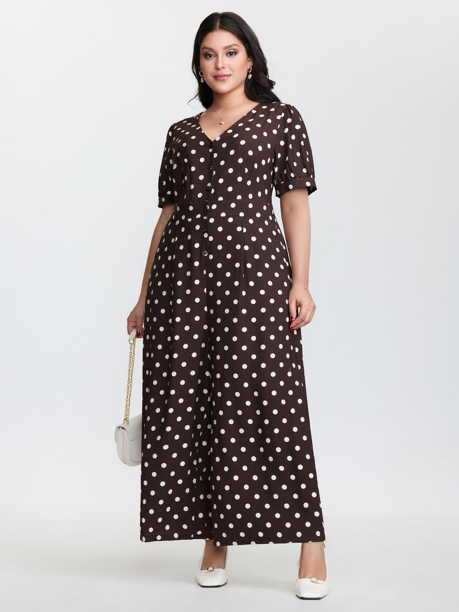 BloomChic Women's Plus Size Retro Polka Dots Button Jumpsuit Browncoffeecolor Everyday-Elegant Relaxed Fit 28/5X
