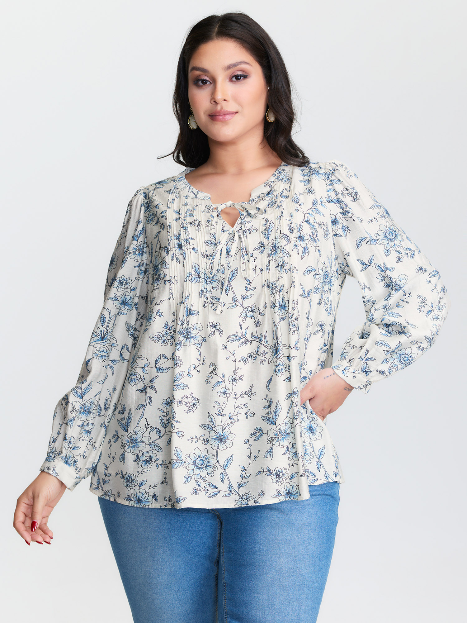 BloomChic Plus Size Floral Print Neckline Tie Blouse - Women's LightBlue Floral Tie-Neck Long Sleeve Elegant Blouses 14/M