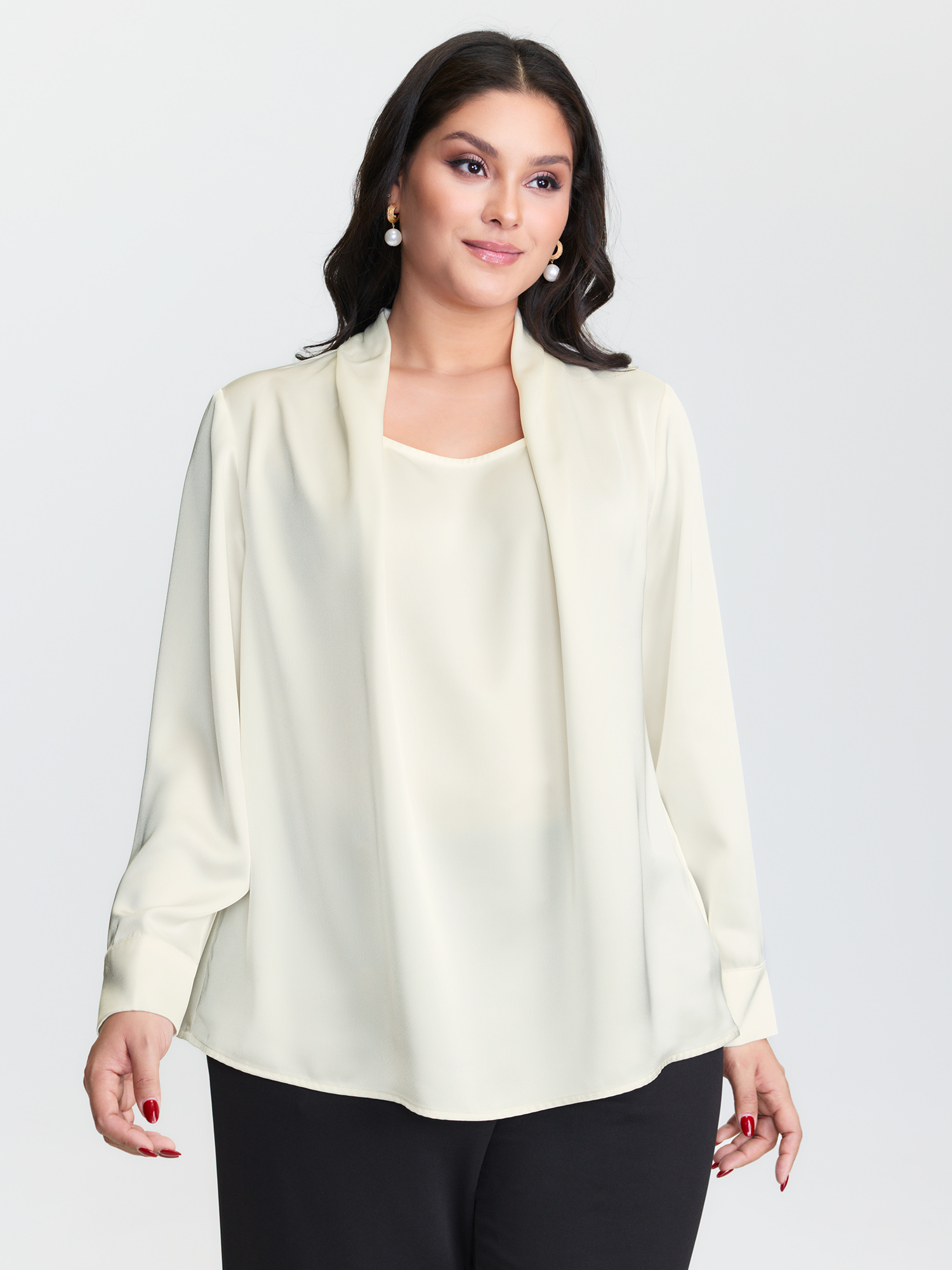 BloomChic Women's Plus Size Draped Plain Satin Cuffed Blouse Originalwhite Non Office Long Sleeve 22-24/3X