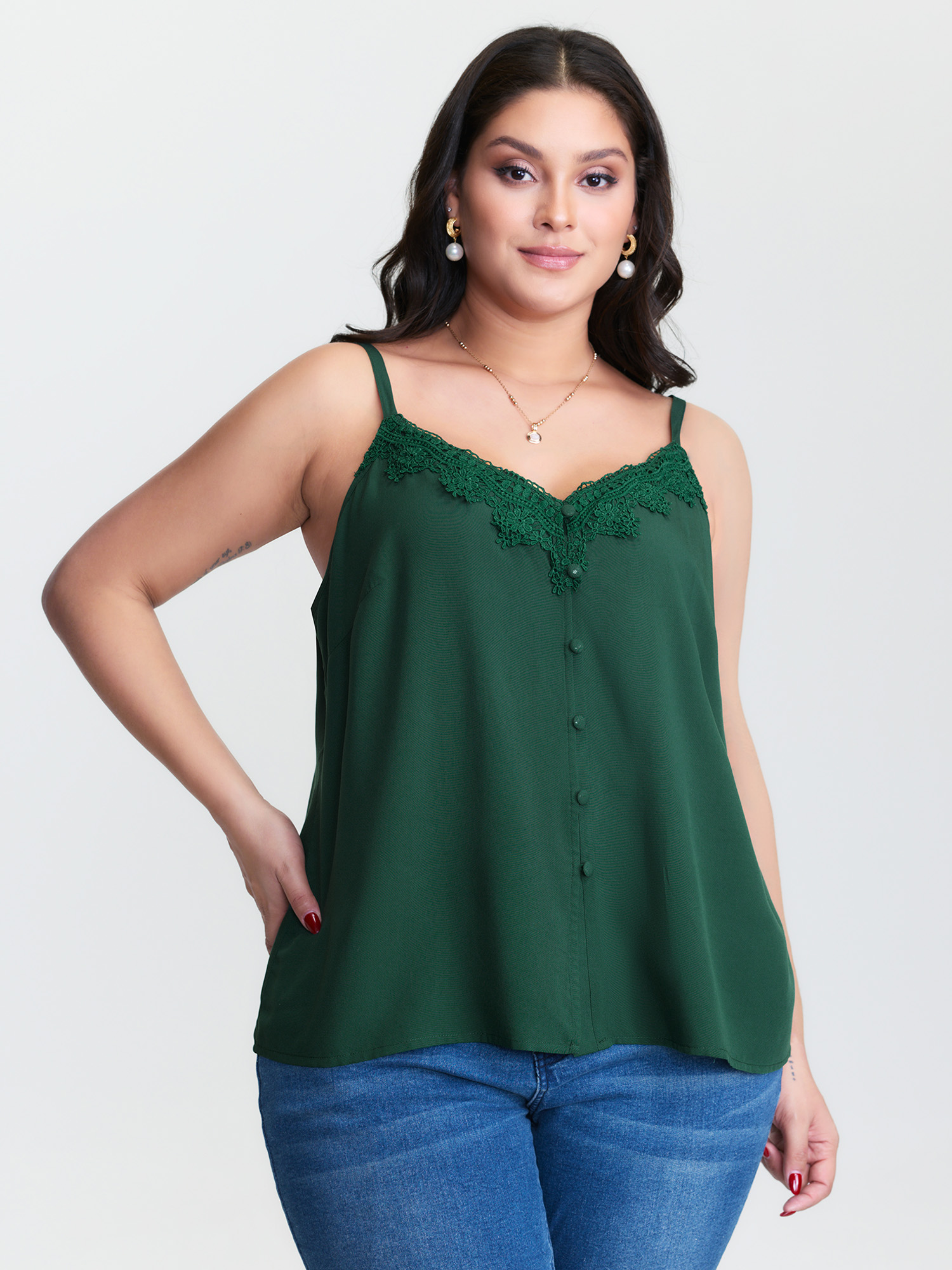 BloomChic Women's Plus Size Lace Trim Adjustable Button Detail Tank Top Cyan Everyday-Elegant Fit & Flare V-Neck 12/L
