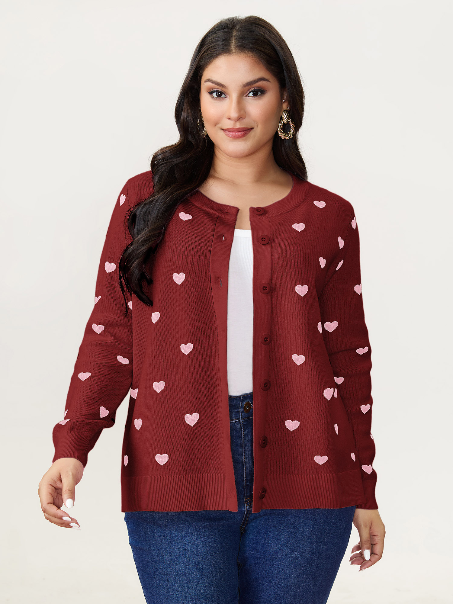 BloomChic Women's Plus Size Love Pattern Jacquard Knit Cardigan Scarlet Long Sleeve Round Neck 10/M