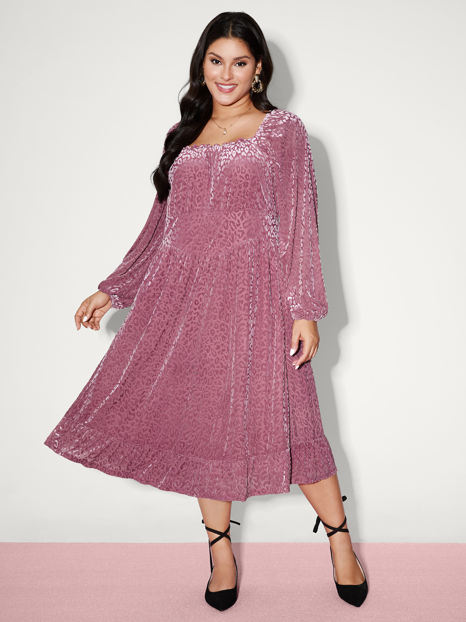 BloomChic Plus Size Soft Romance Leopard Print Shirred Waist Midi Dress - Curve Ladies Beanpastepowder Elegant Long Sleeve Solid Hidden Pocket Daily Dresses 14/M