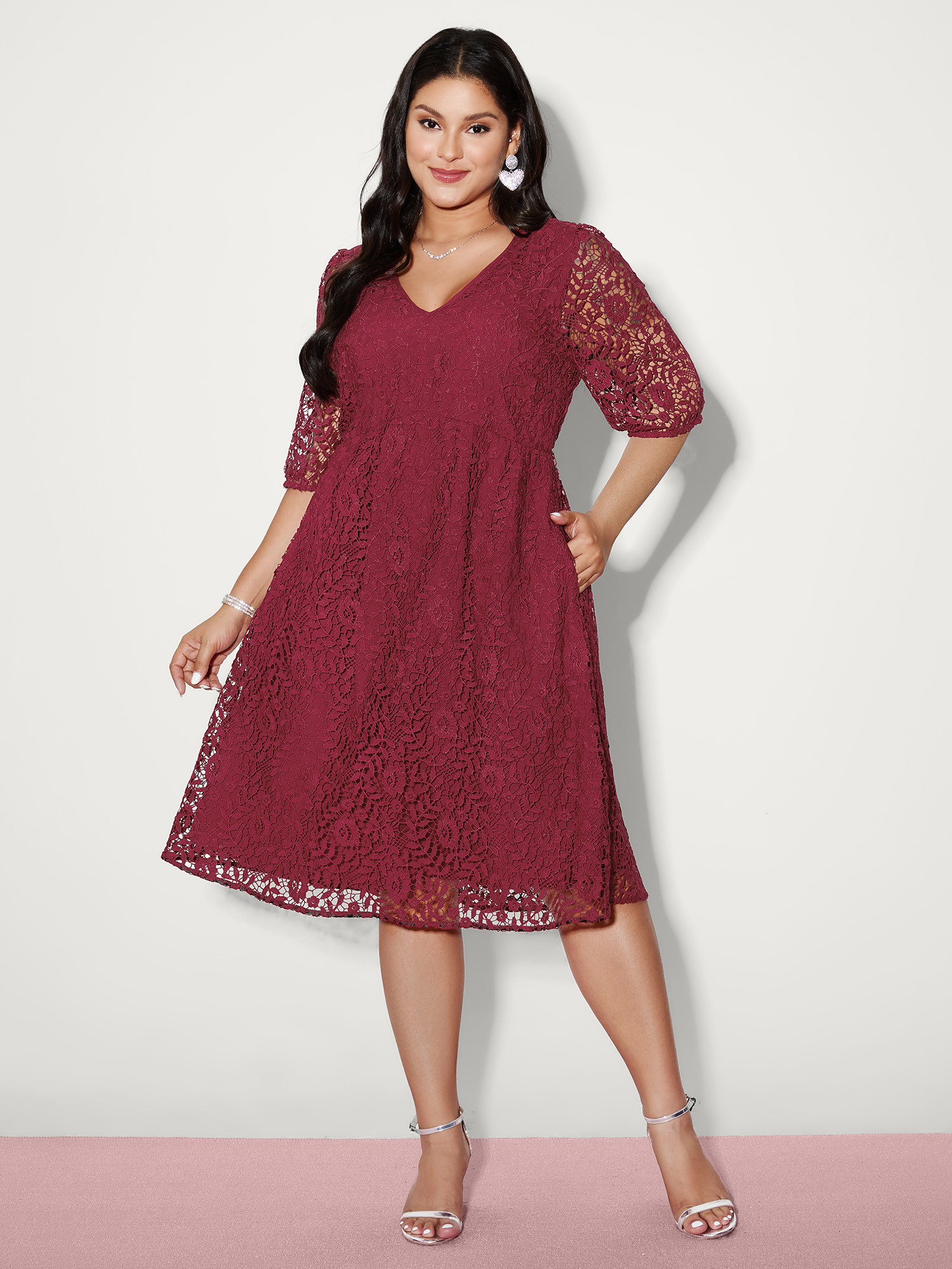 BloomChic Plus Size Romantic Lace Trim Puff Sleeve Midi Dress - Curve Ladies Scarlet Formal 3/4 Sleeve Solid Side Pocket Daily Dresses 14/M